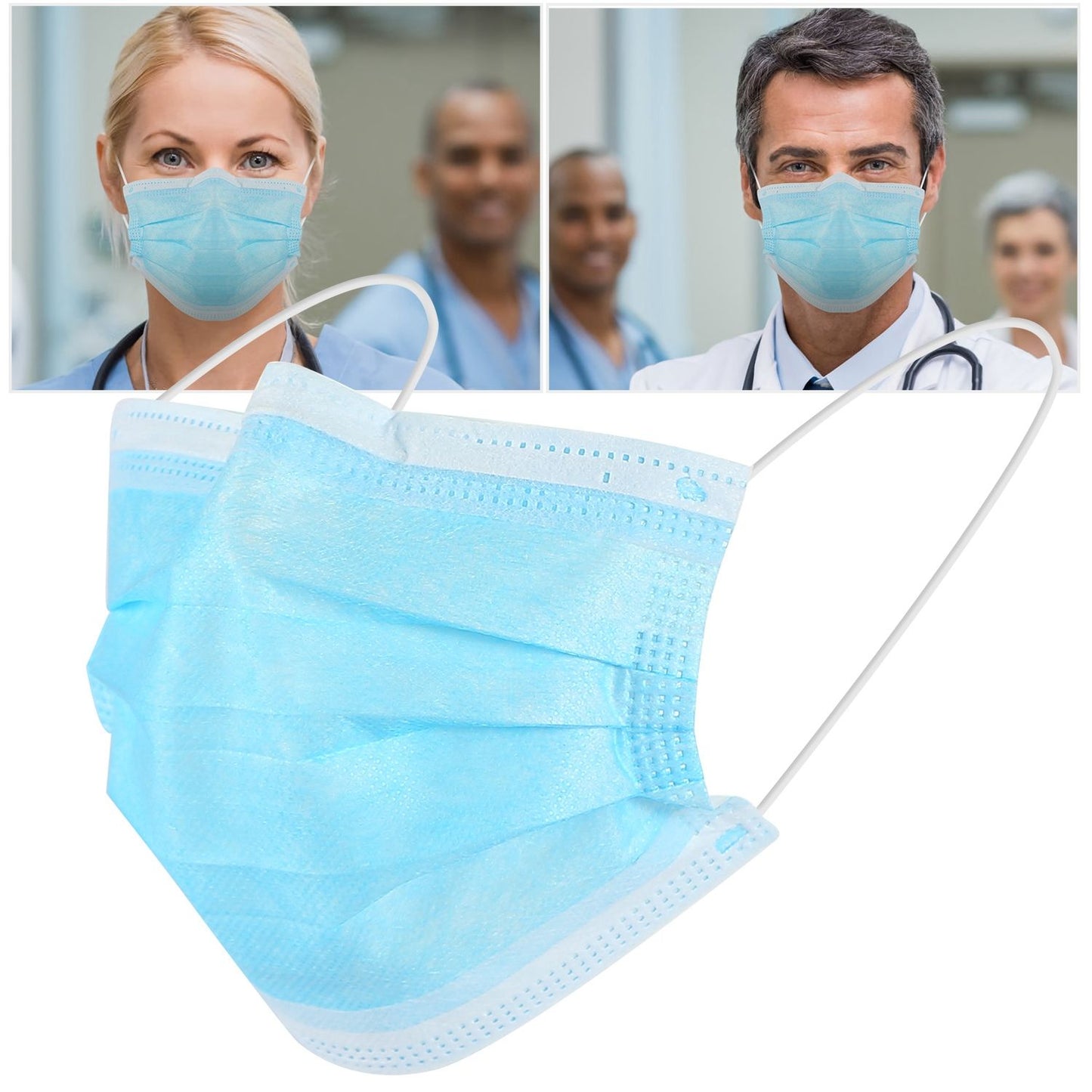 Surgical blue face mask with ear loops in the foreground, with blurred images of healthcare professionals wearing scrubs and a stethoscope in the background, highlighting the importance of protective gear in medical settings.