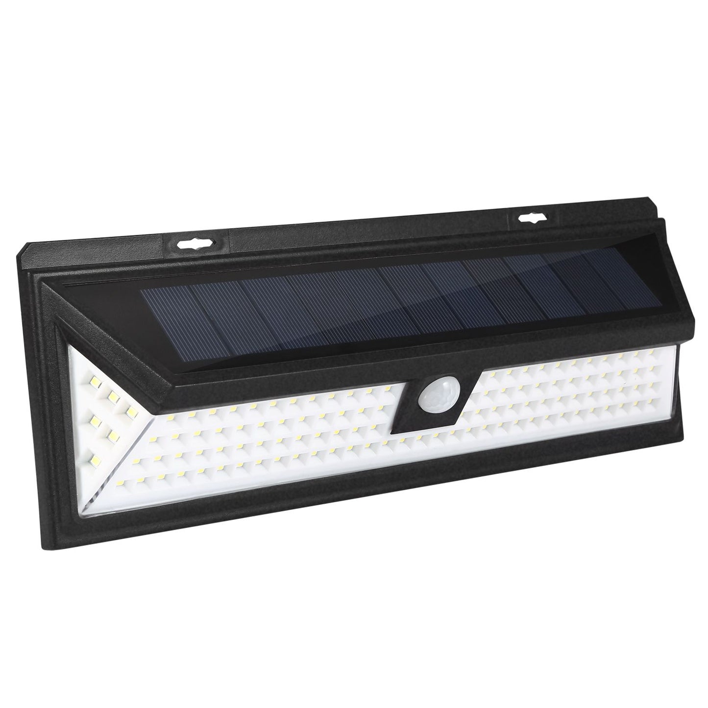Solar-powered outdoor LED motion sensor light with a sleek black design and wide light coverage.