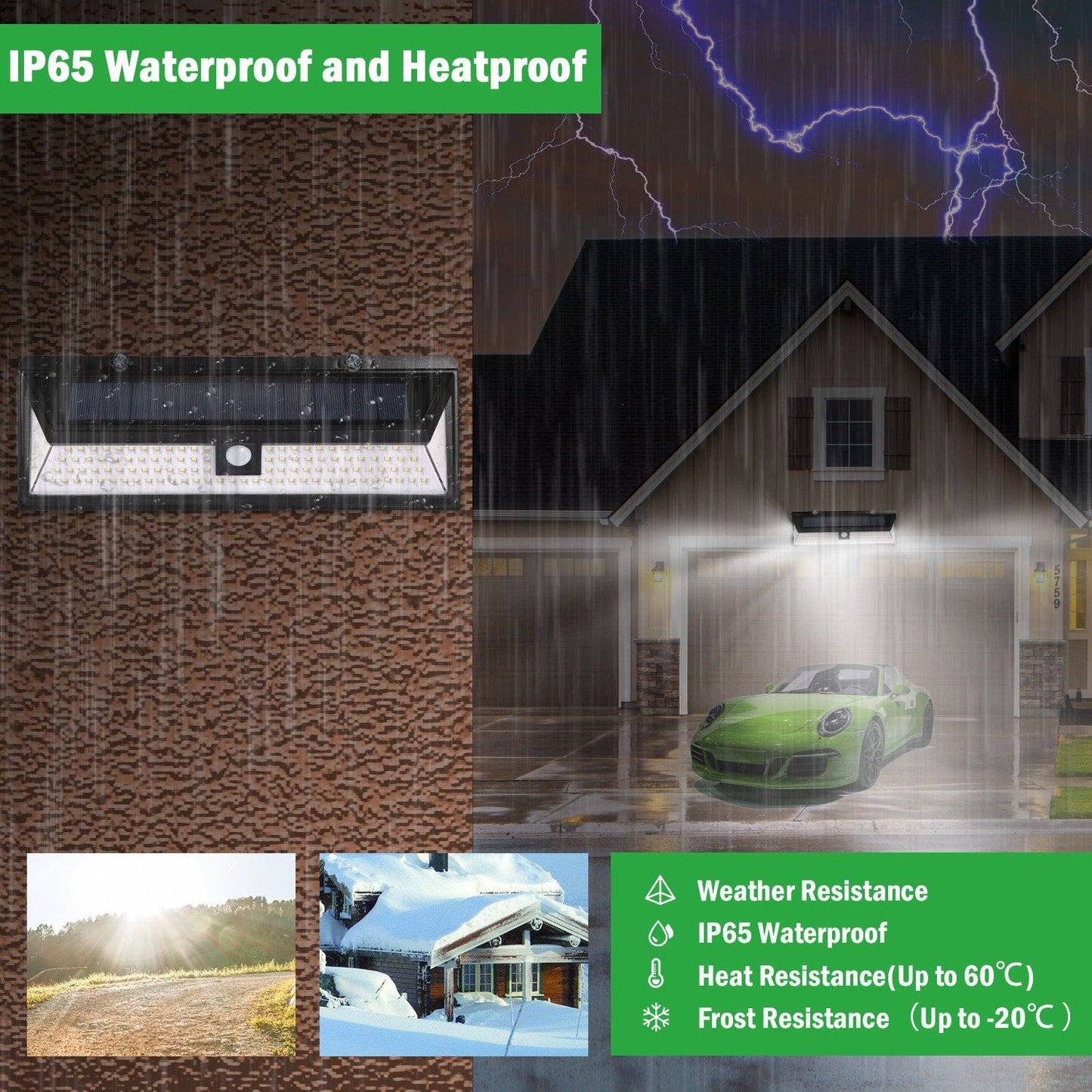 LED wall light with IP65 waterproof and heatproof features, ideal for outdoor use in various weather conditions, shown illuminating a driveway during rain with a car parked nearby.