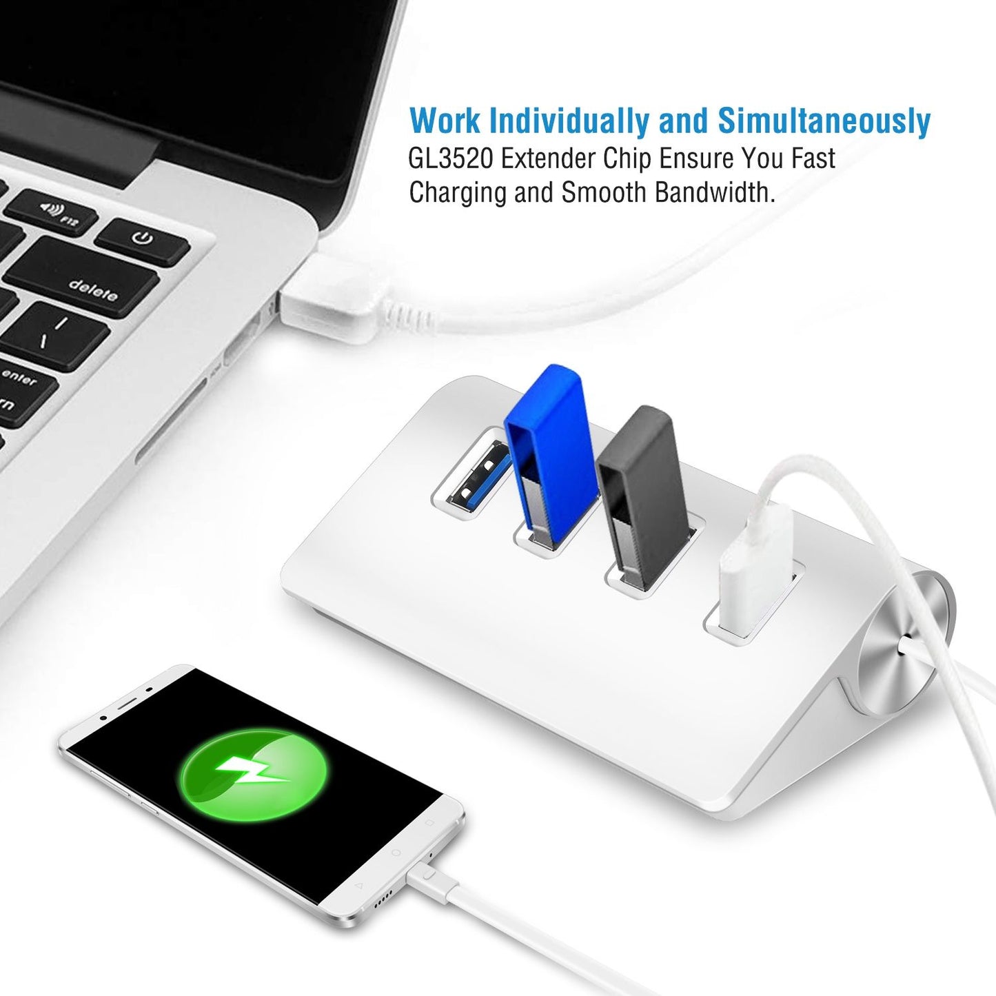 USB hub with three ports connecting to a laptop, featuring fast charging for a smartphone with a green battery icon displayed, illustrating simultaneous device operation.