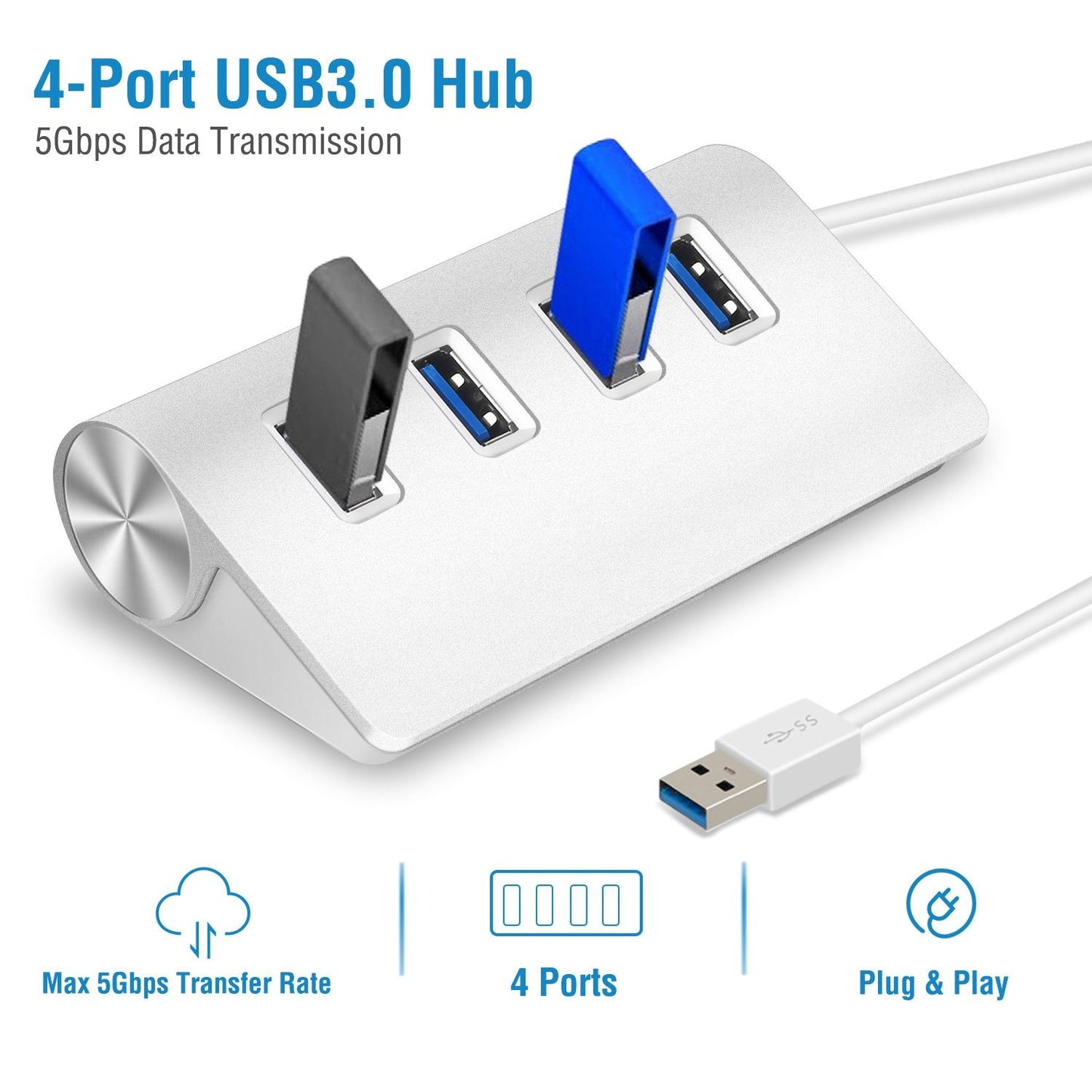 4-Port USB 3.0 hub with multiple USB drives plugged in, showcasing high-speed data transmission capability of 5Gbps and plug-and-play functionality.