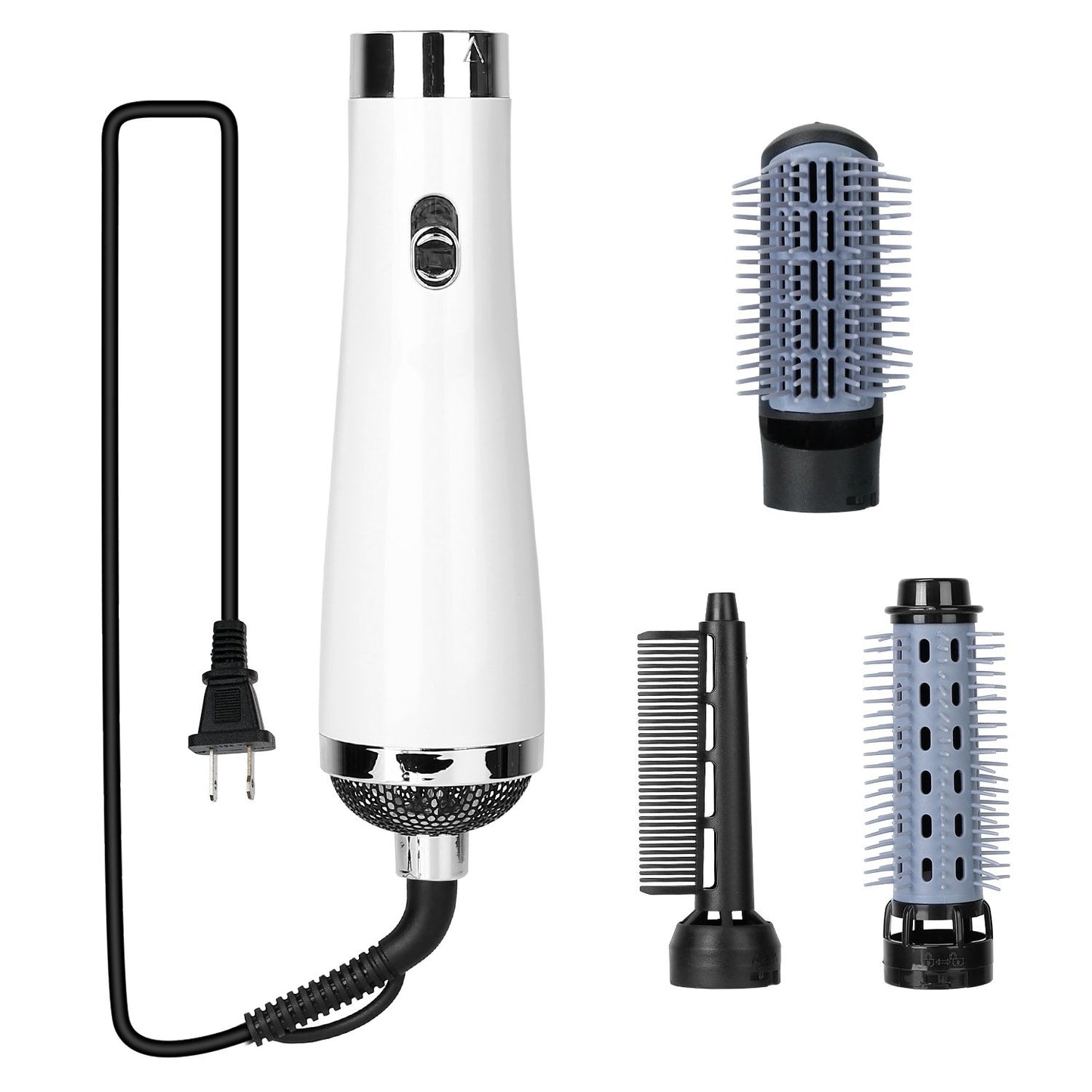 White hair styling tool with a round brush attachment, a comb, and a barrel brush, featuring a power button and a power cord, designed for versatile hair drying and styling.