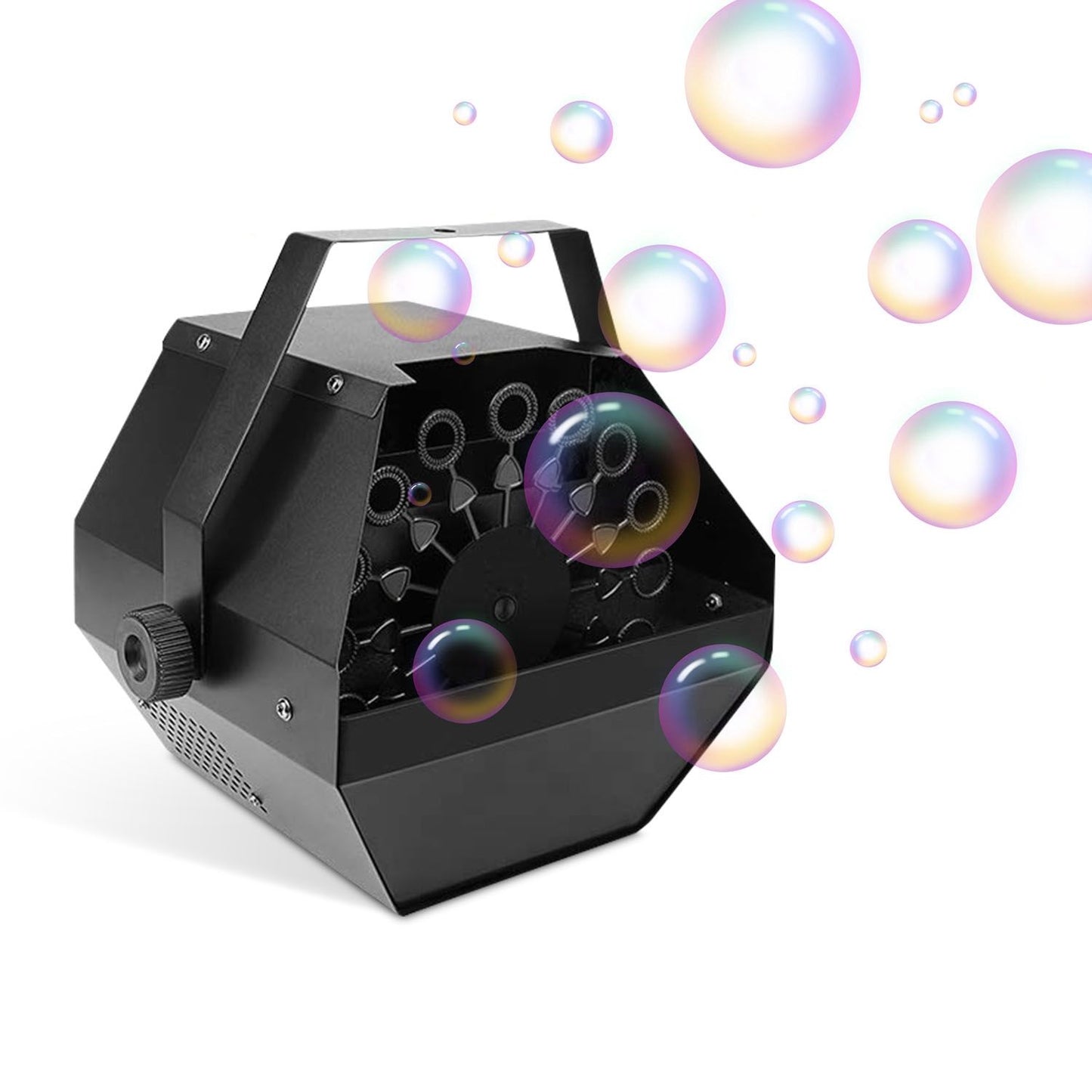 Black bubble machine with colorful bubbles floating around, ideal for parties and events.
