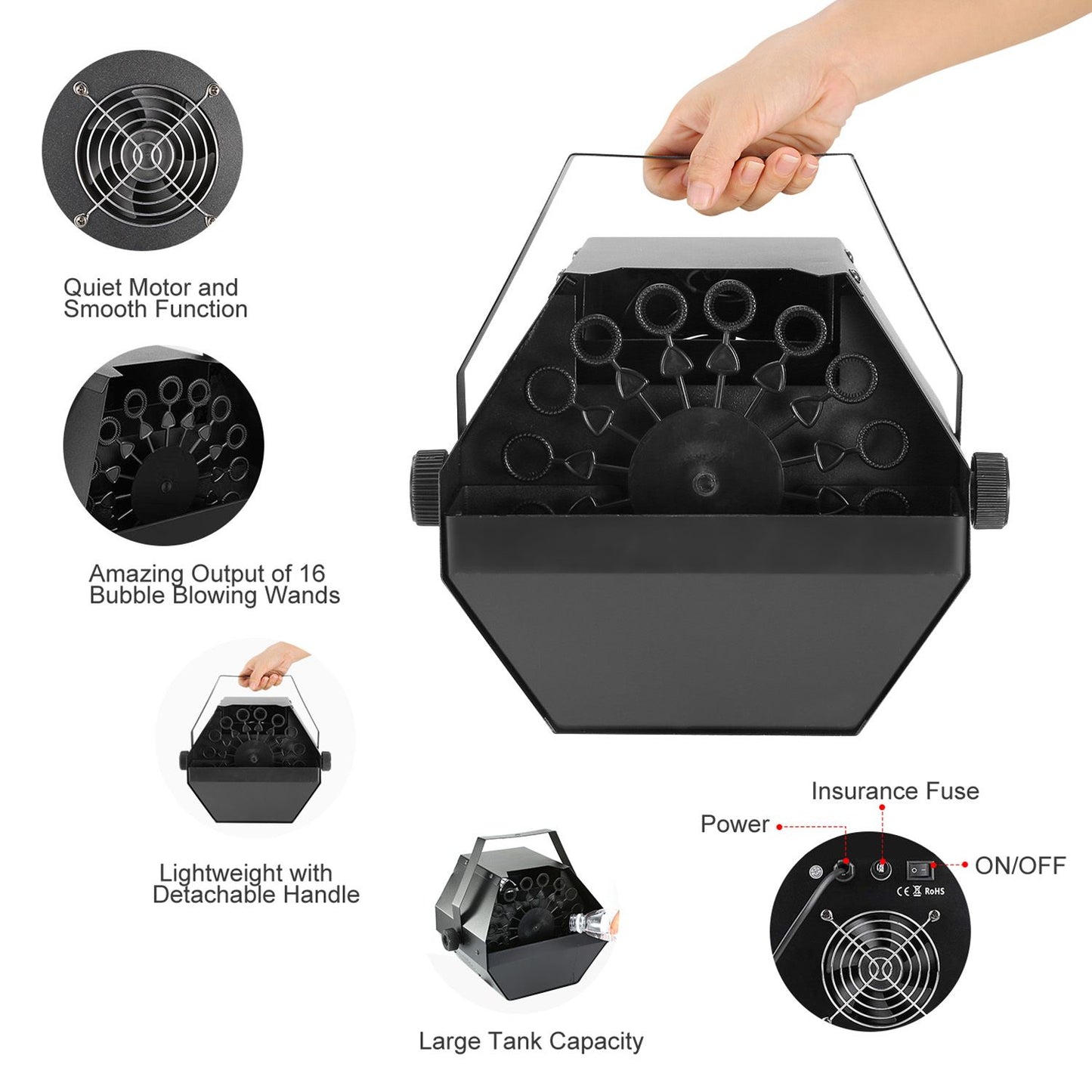 Portable bubble machine with 16 wands, quiet motor, and large tank capacity, featuring a detachable handle for easy transport.