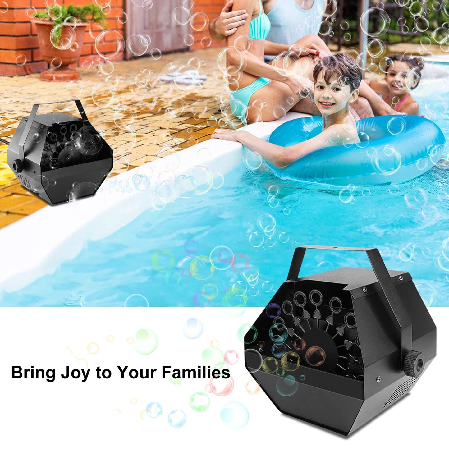 Black bubble machine producing foam bubbles while families enjoy fun in a swimming pool setting, perfect for backyard parties and celebrations.
