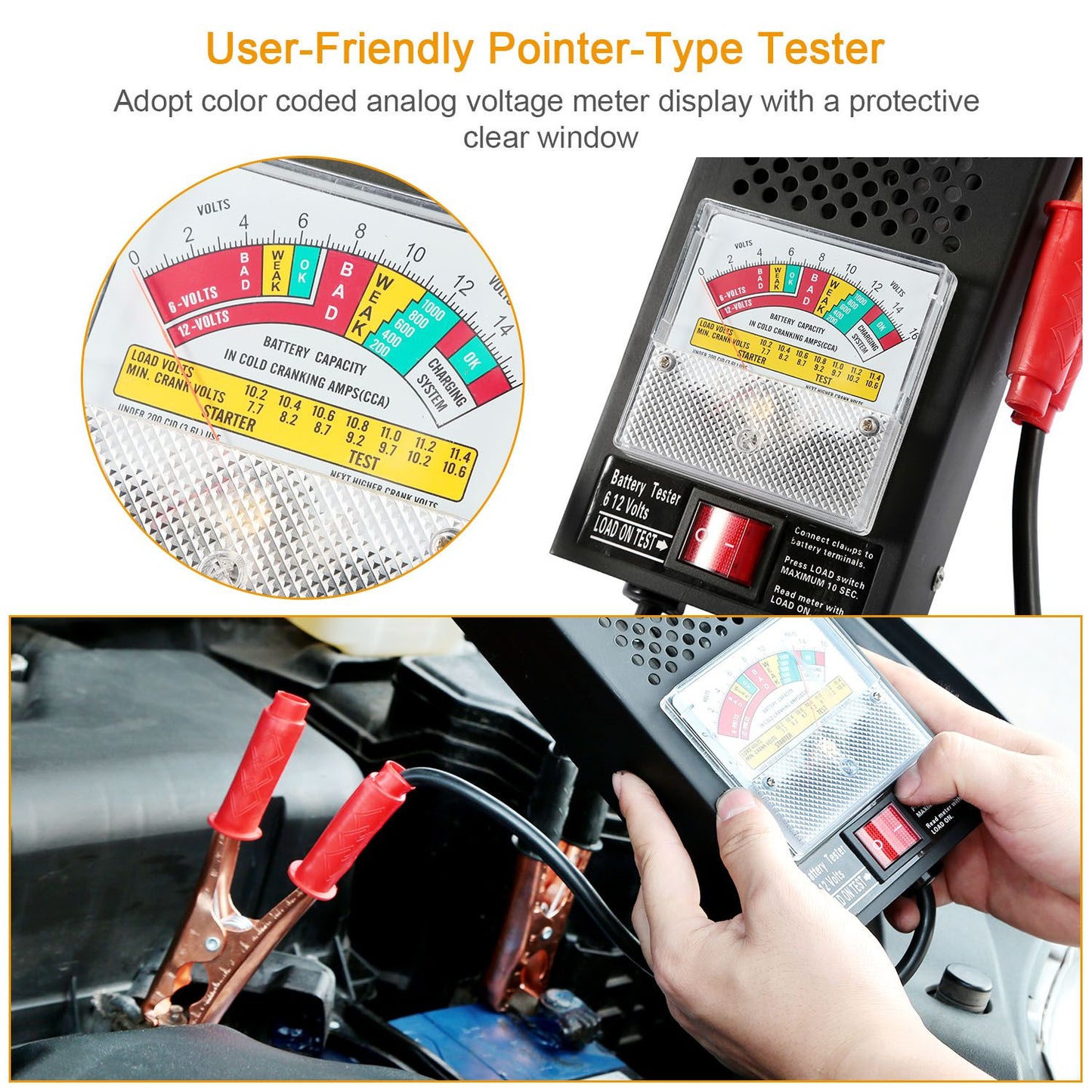 Battery tester with color-coded analog display and protective clear window, showing user-friendly interface for car battery voltage measurement, featuring red clamps connected to a battery.