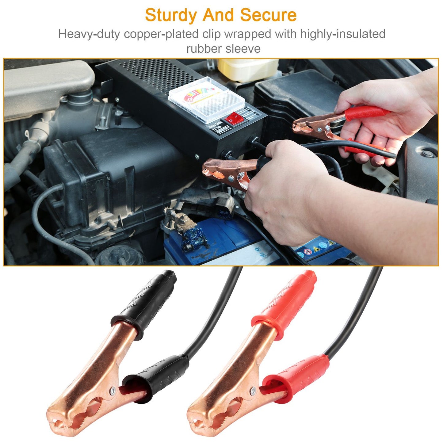 Heavy-duty jumper cables with copper-plated clips, showcasing a user connecting the clips to a car battery, emphasizing safety with insulated rubber sleeves.