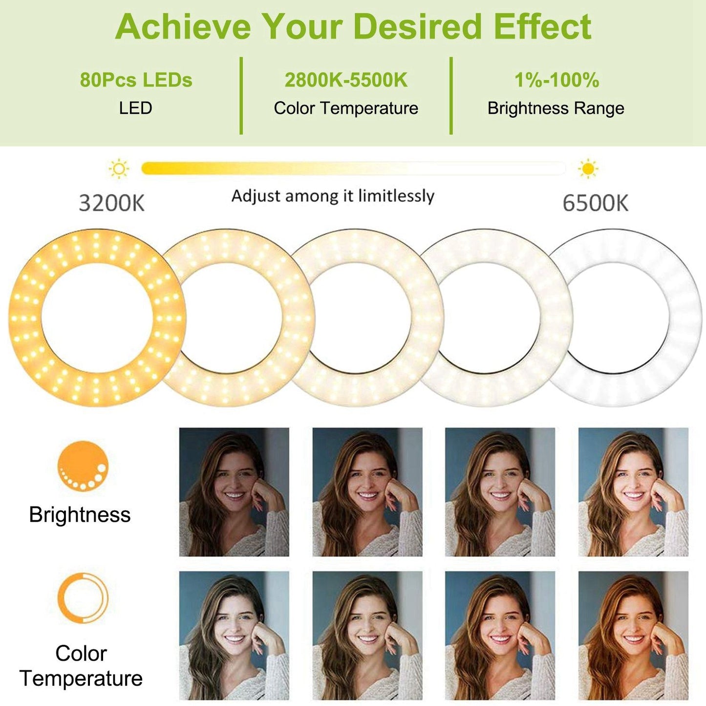 LED ring light displaying adjustable color temperature from 2800K to 6500K and brightness range from 1% to 100%, with illustrative sample photos demonstrating different lighting effects.