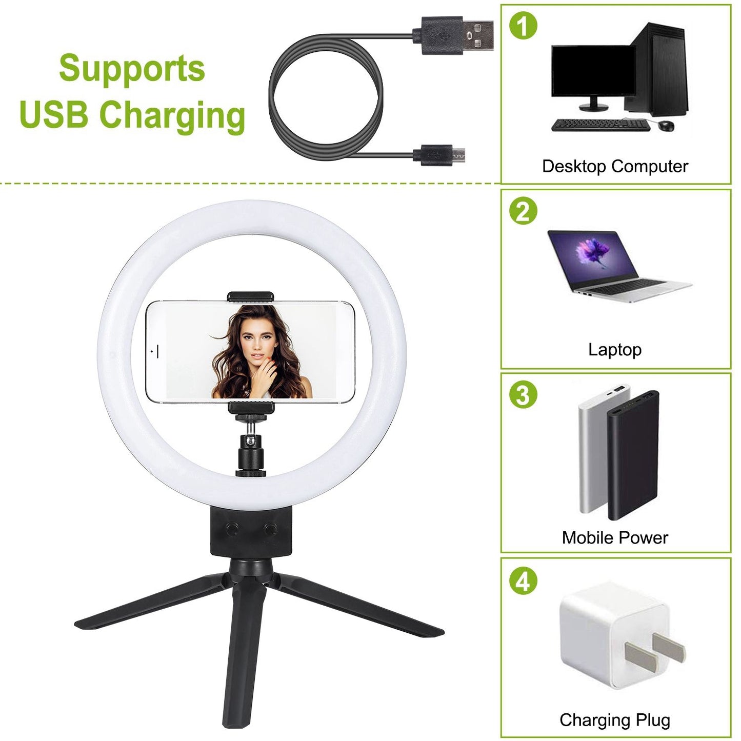 USB rechargeable ring light with smartphone holder and adjustable tripod stand, suitable for desktop computers, laptops, and mobile power sources.