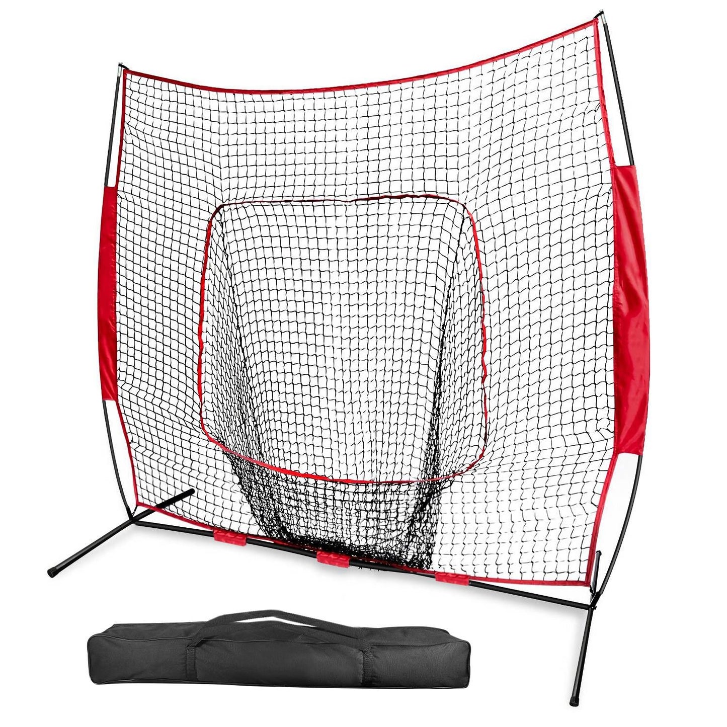 Portable sports training net with black mesh and red accents, designed for baseball and softball practice, positioned with carrying bag in front.