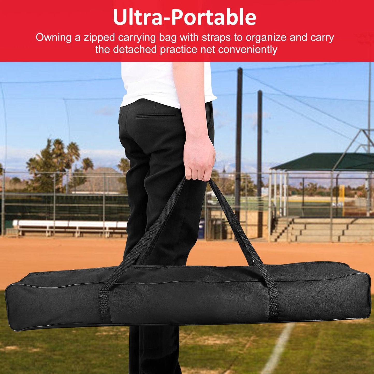 Person holding a black zipped carrying bag with straps designed for organizing and transporting a detachable practice net, set against a baseball field background.