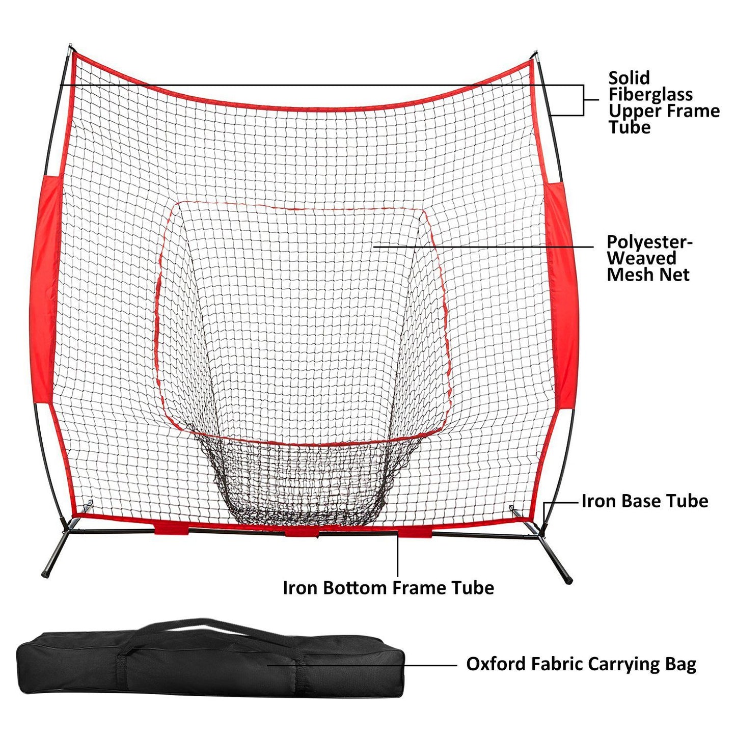 Portable sports net with solid fiberglass frame, polyester mesh, iron base, and carrying bag for easy setup and transport.