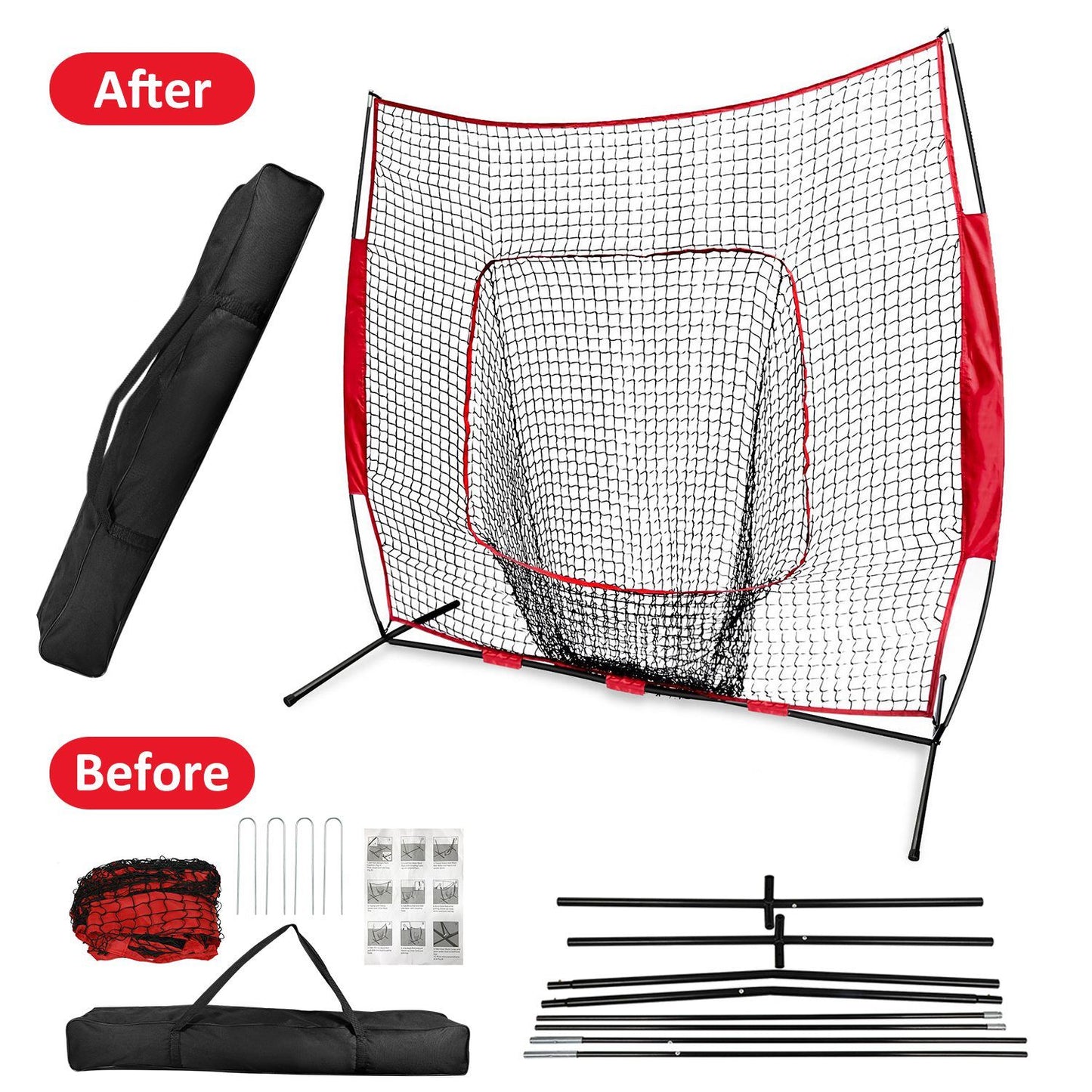 Portable sports practice net with black carrying case, assembly parts, and instructions, labeled 'Before' and 'After' for easy setup.