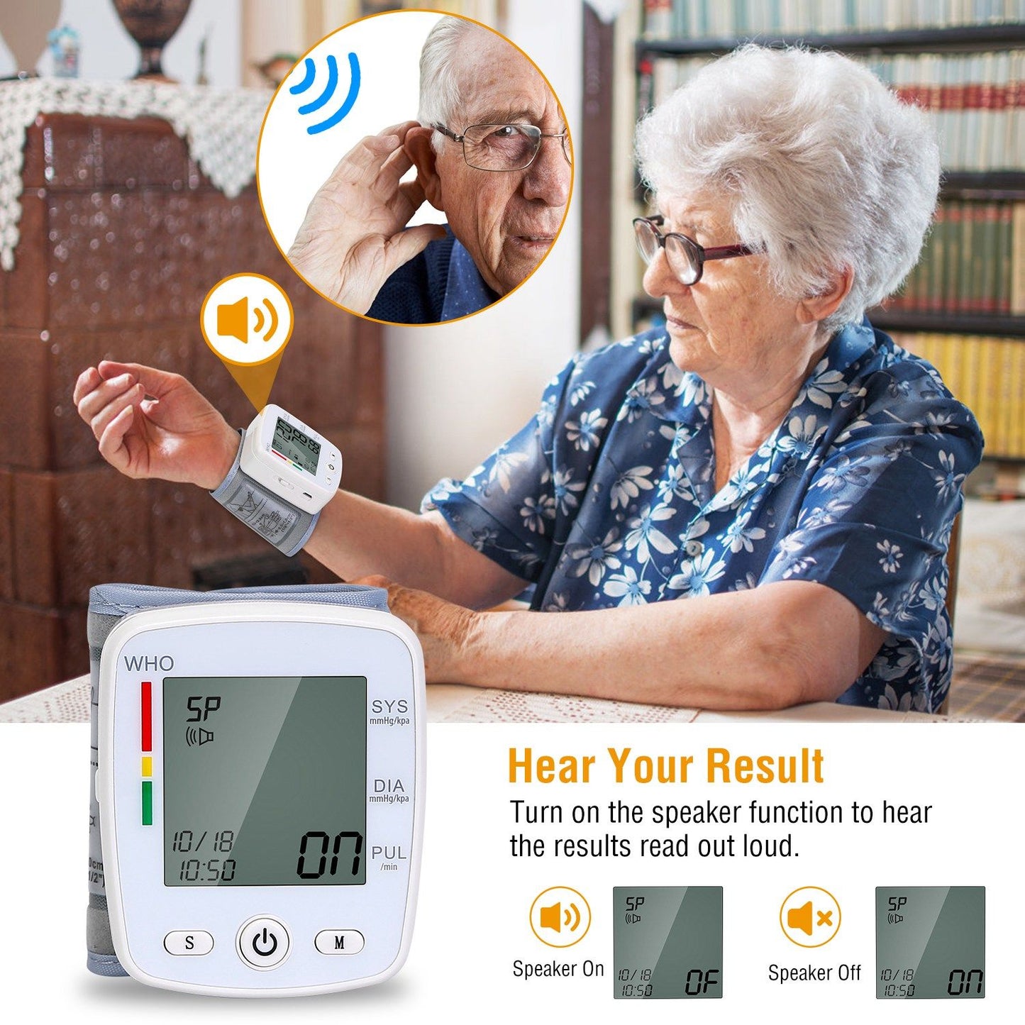 Digital blood pressure monitor displaying readings, featuring a speaker function for audible results, assisting seniors with health management.