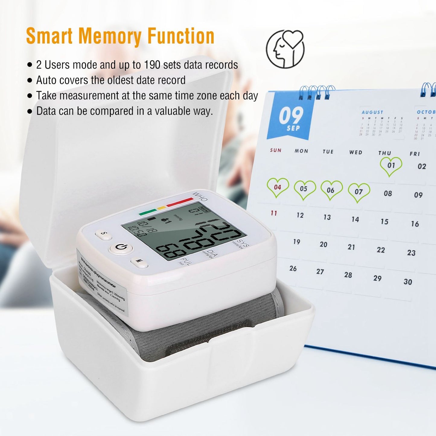 Digital blood pressure monitor with smart memory function, displaying measurement data and receiving updates from a calendar for regular tracking.
