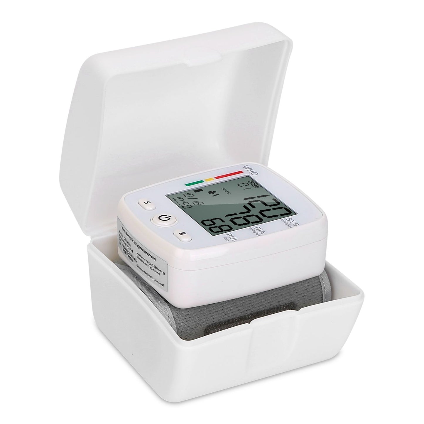 Digital blood pressure monitor displayed in a white storage case, featuring a clear LCD screen with visible readings and indicator lights.