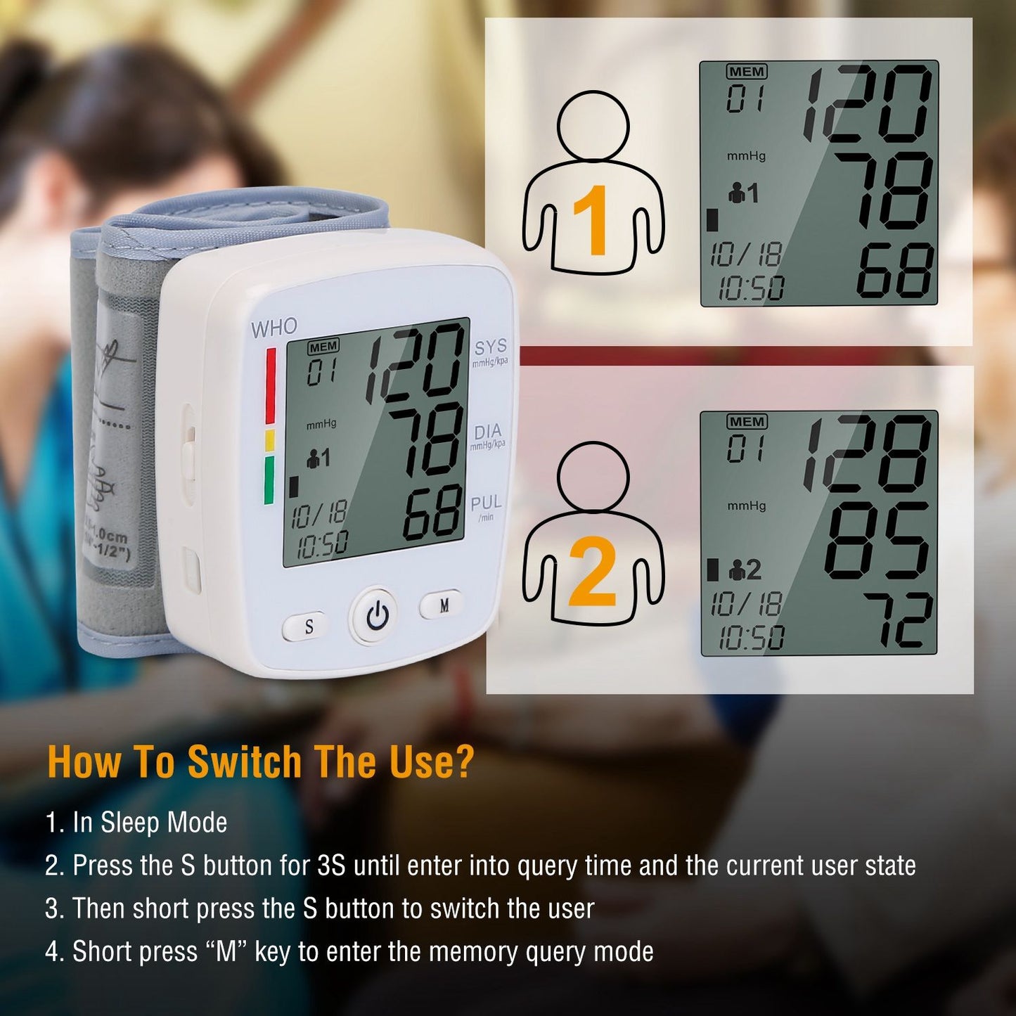 Digital blood pressure monitor displaying readings for two users, showcasing user switching instructions and health metrics including systolic and diastolic blood pressure, pulse rate, and date/time settings.