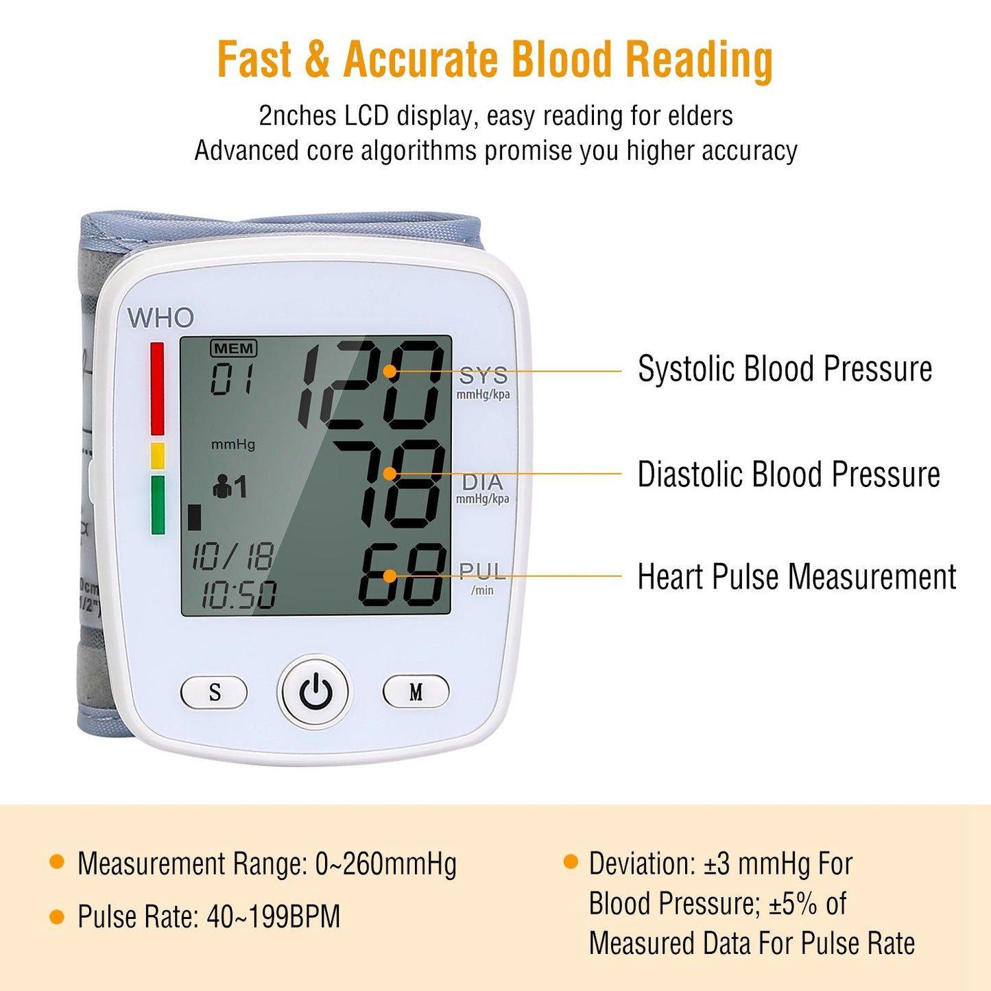 Digital blood pressure monitor with 2-inch LCD display showing systolic, diastolic, and heart pulse measurements for easy reading and accurate health monitoring.