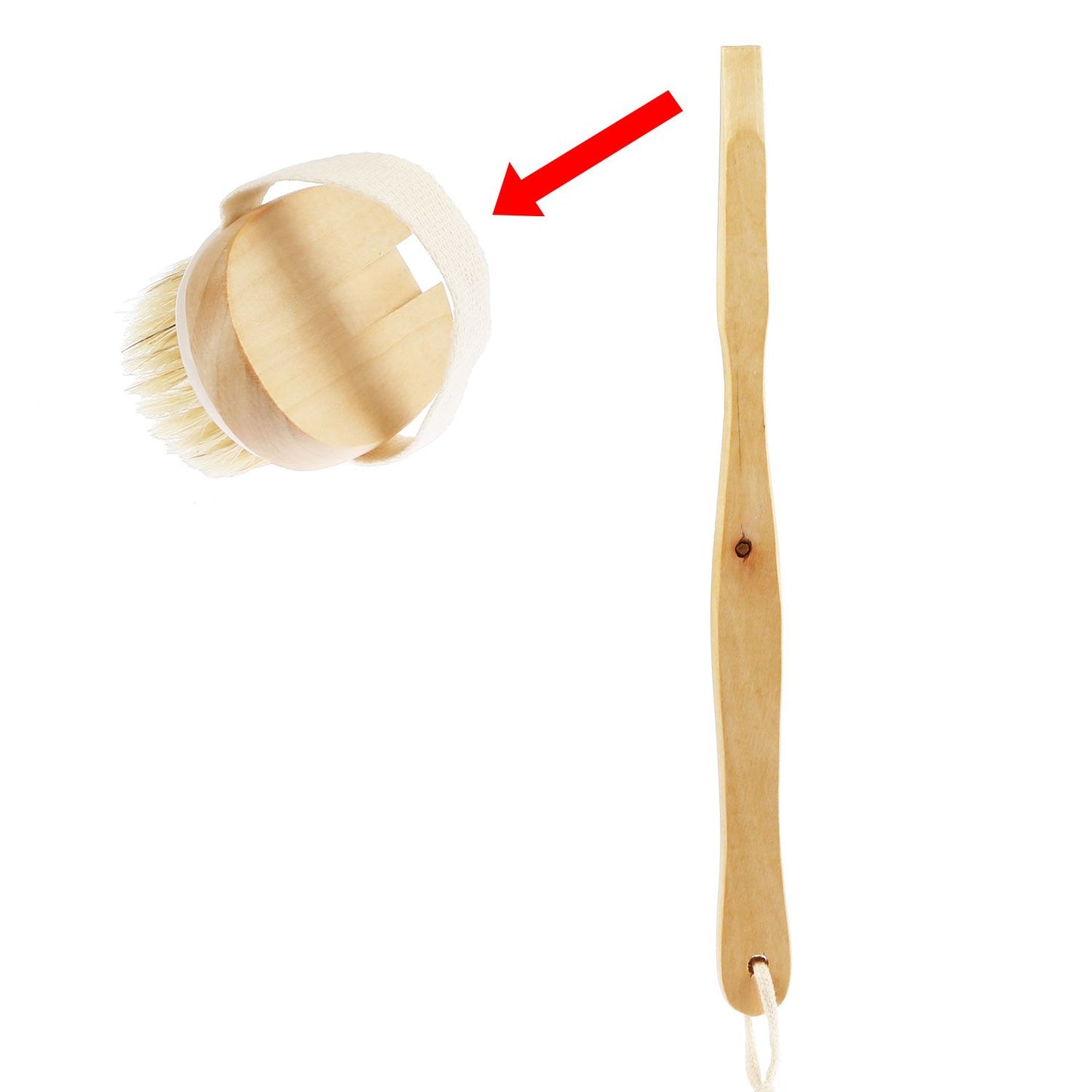 Natural wood exfoliating body brush with soft bristles and a comfortable strap, paired with a long handle for easy use.