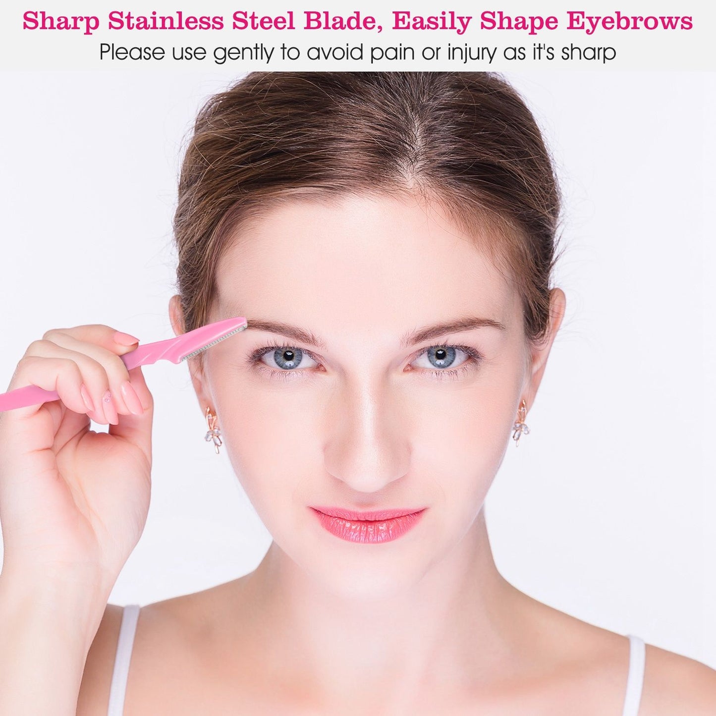 Close-up image of a woman holding a pink eyebrow razor with a sharp stainless steel blade designed for easy eyebrow shaping.