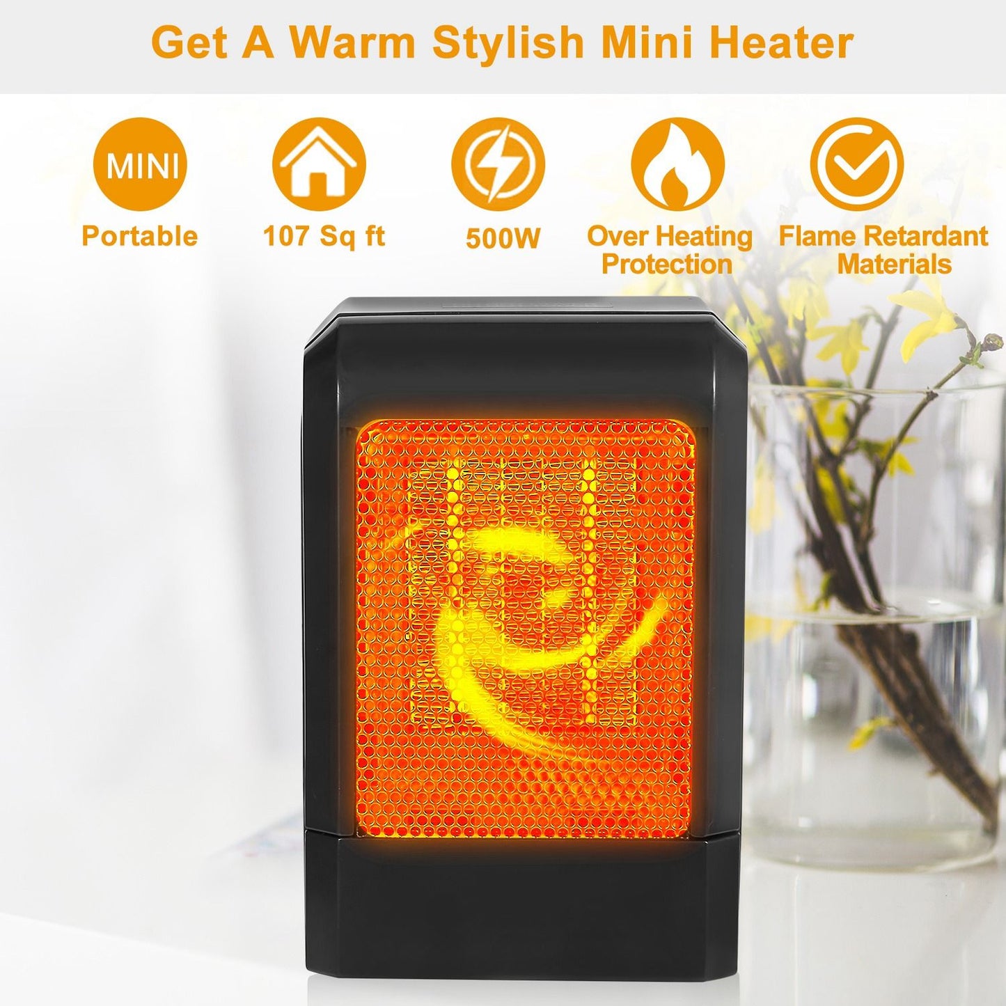 Portable mini heater with a stylish design, emitting warm orange heat, ideal for small spaces up to 107 sq ft, featuring 500W power, overheating protection, and made from flame-retardant materials.