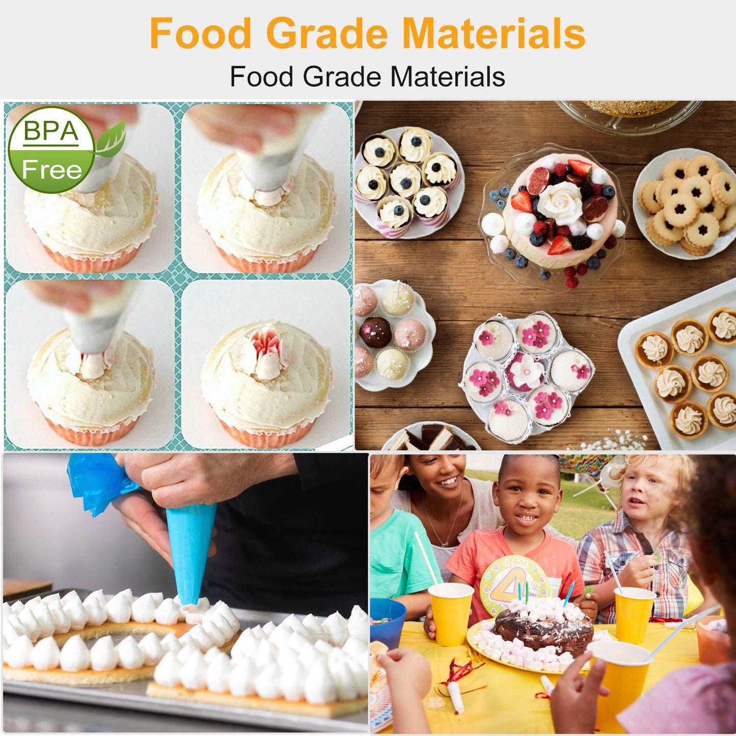 Collage of baking activities showcasing food-grade materials, including piping cupcakes with frosting, decorated desserts, and a festive birthday celebration with children and treats, all featuring BPA-free components.