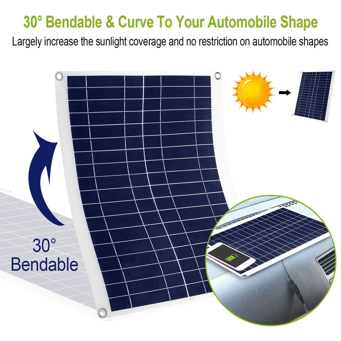 30-degree bendable solar panel designed to fit various automobile shapes, showcasing increased sunlight coverage and adaptability for efficient energy generation.
