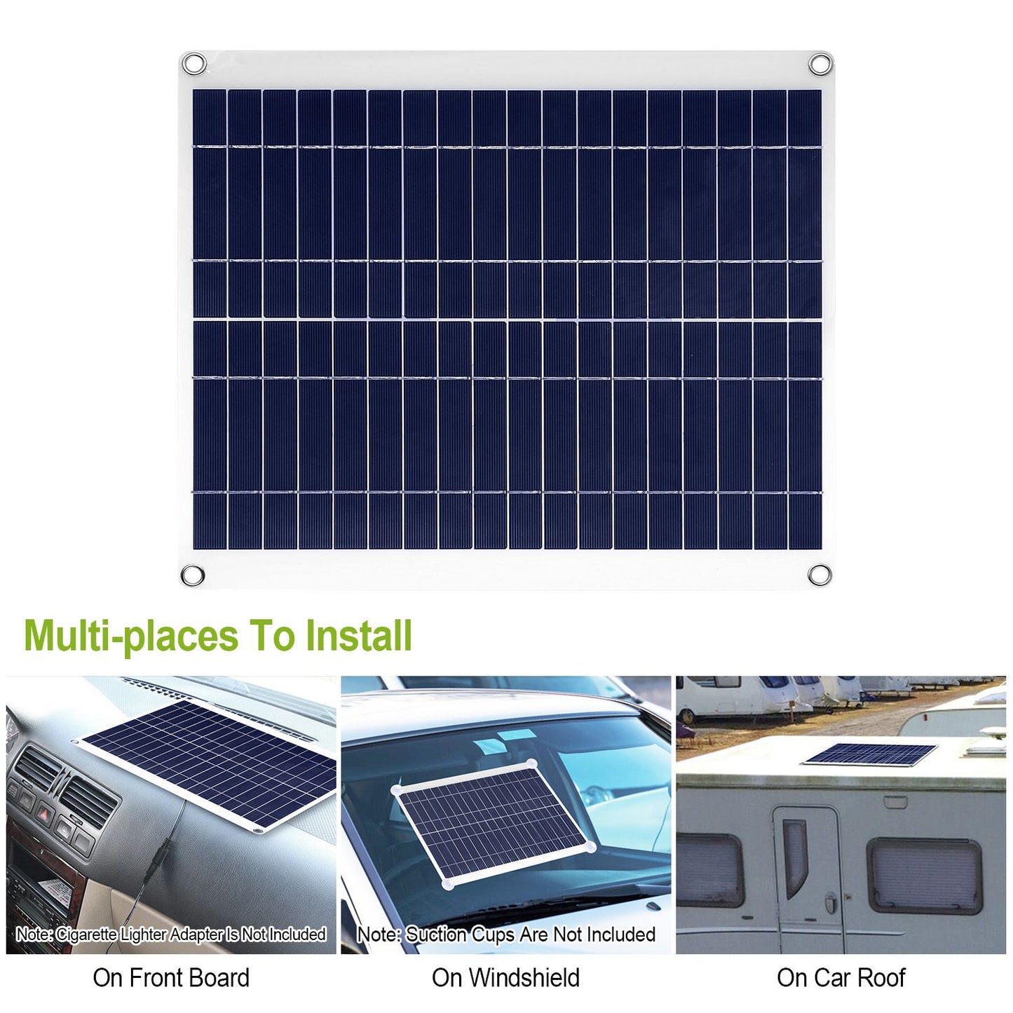 Portable solar panel with multiple installation options, showcasing placements on a car's front board, windshield, and roof. Ideal for eco-friendly energy solutions.