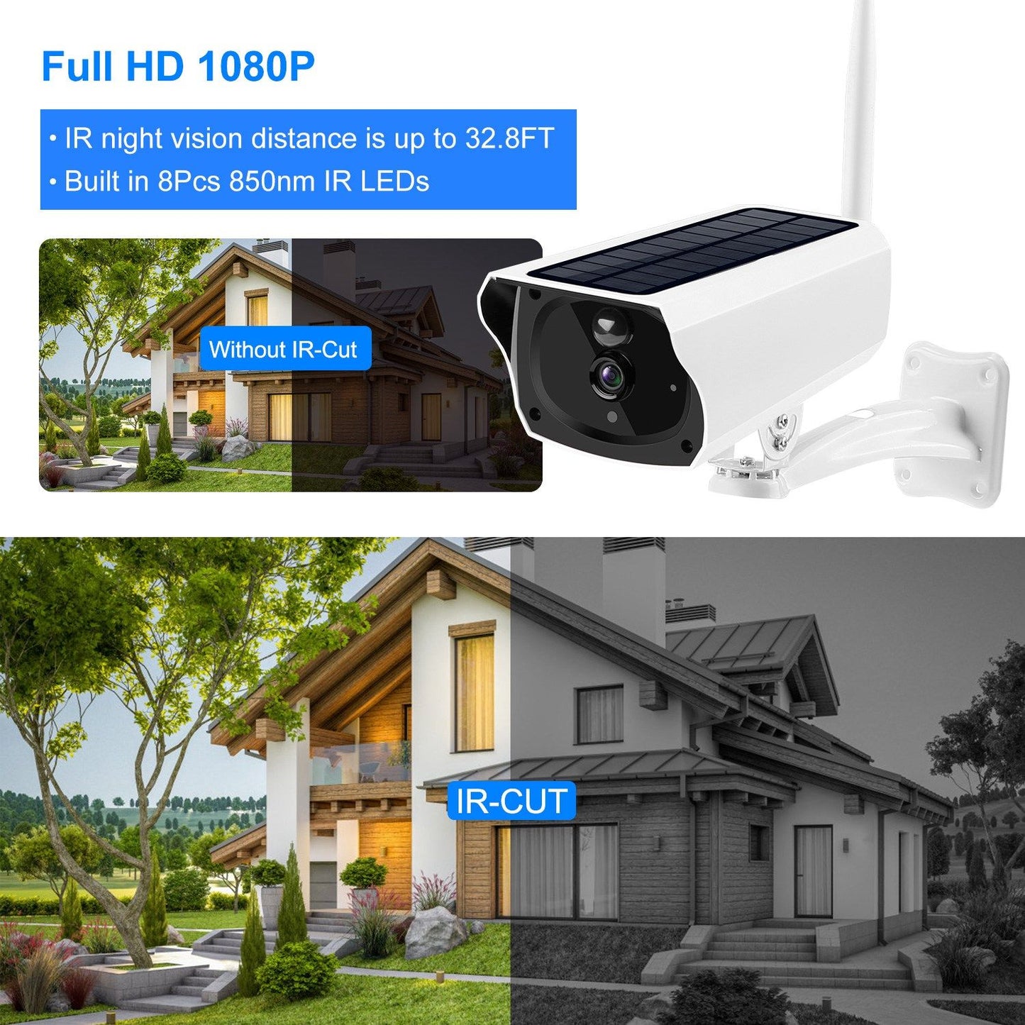 Solar-powered 1080P surveillance camera displaying night vision capabilities, with a comparison between IR-Cut and non-IR-Cut modes, set against a backdrop of modern houses and greenery.