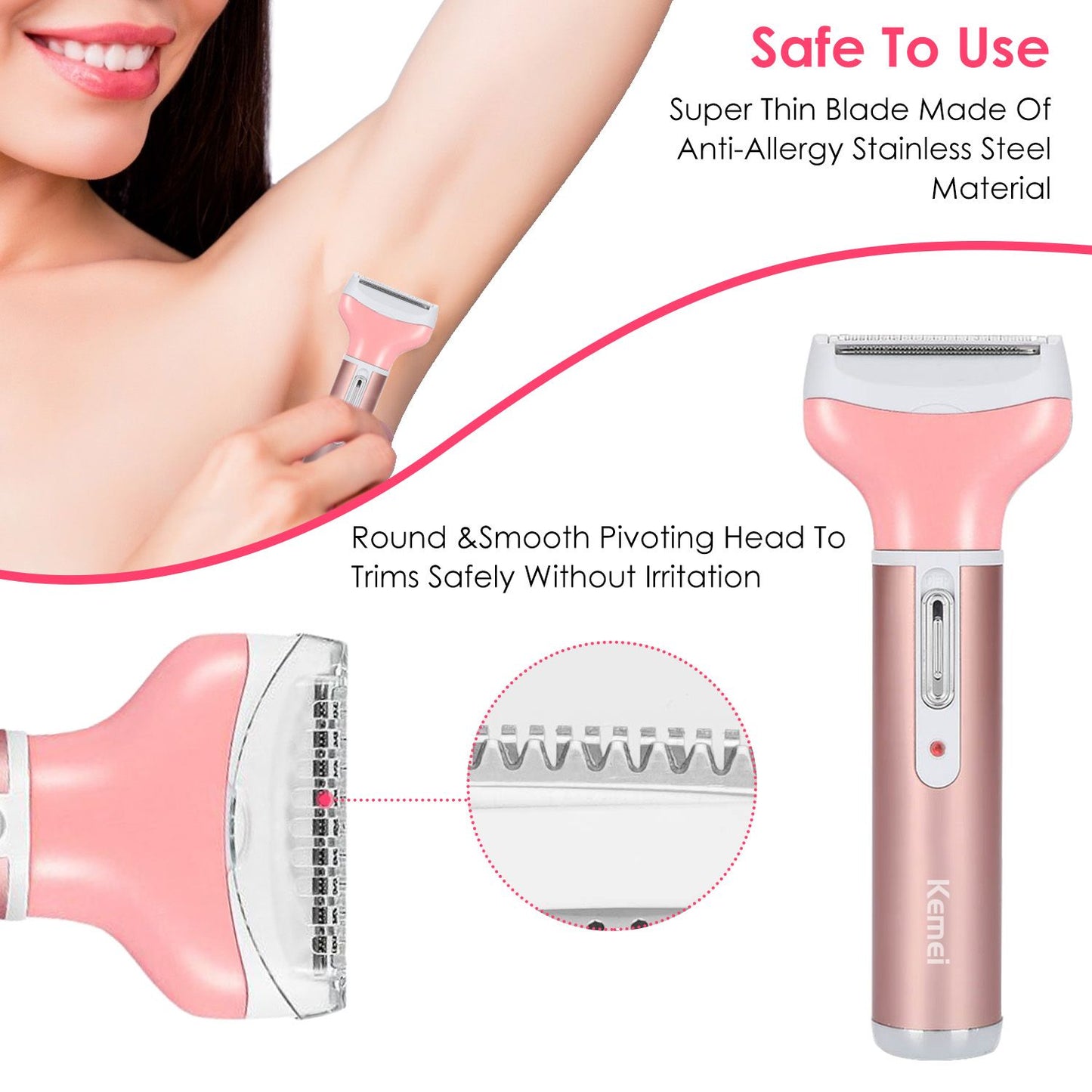 Close-up of a woman using a pink Kemei body hair trimmer with a stainless steel blade and pivoting head for safe, irritation-free underarm grooming.