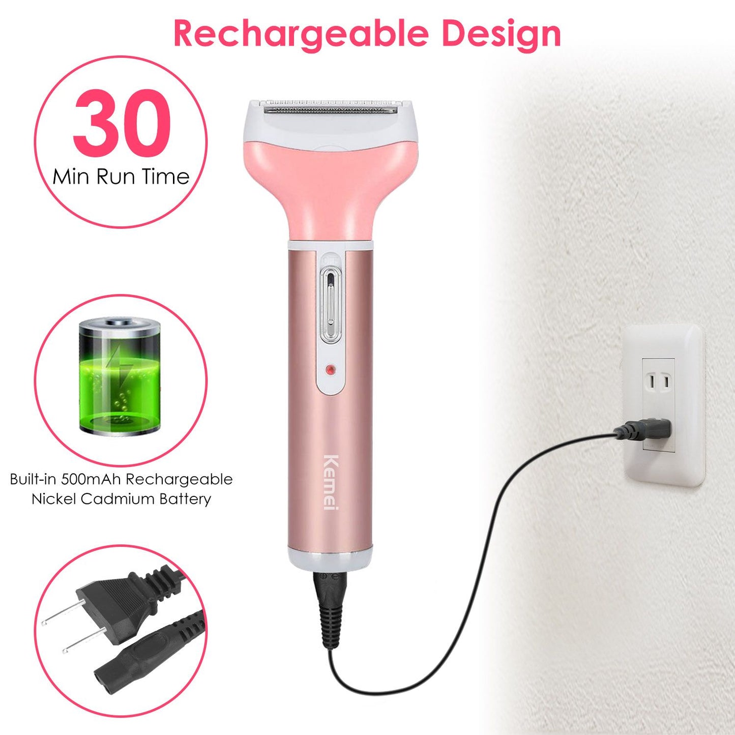 Rechargeable Kemei electric shaver with a sleek pink and silver design, featuring a 500mAh battery, 30 minutes run time, and charging cable connected to a wall outlet.