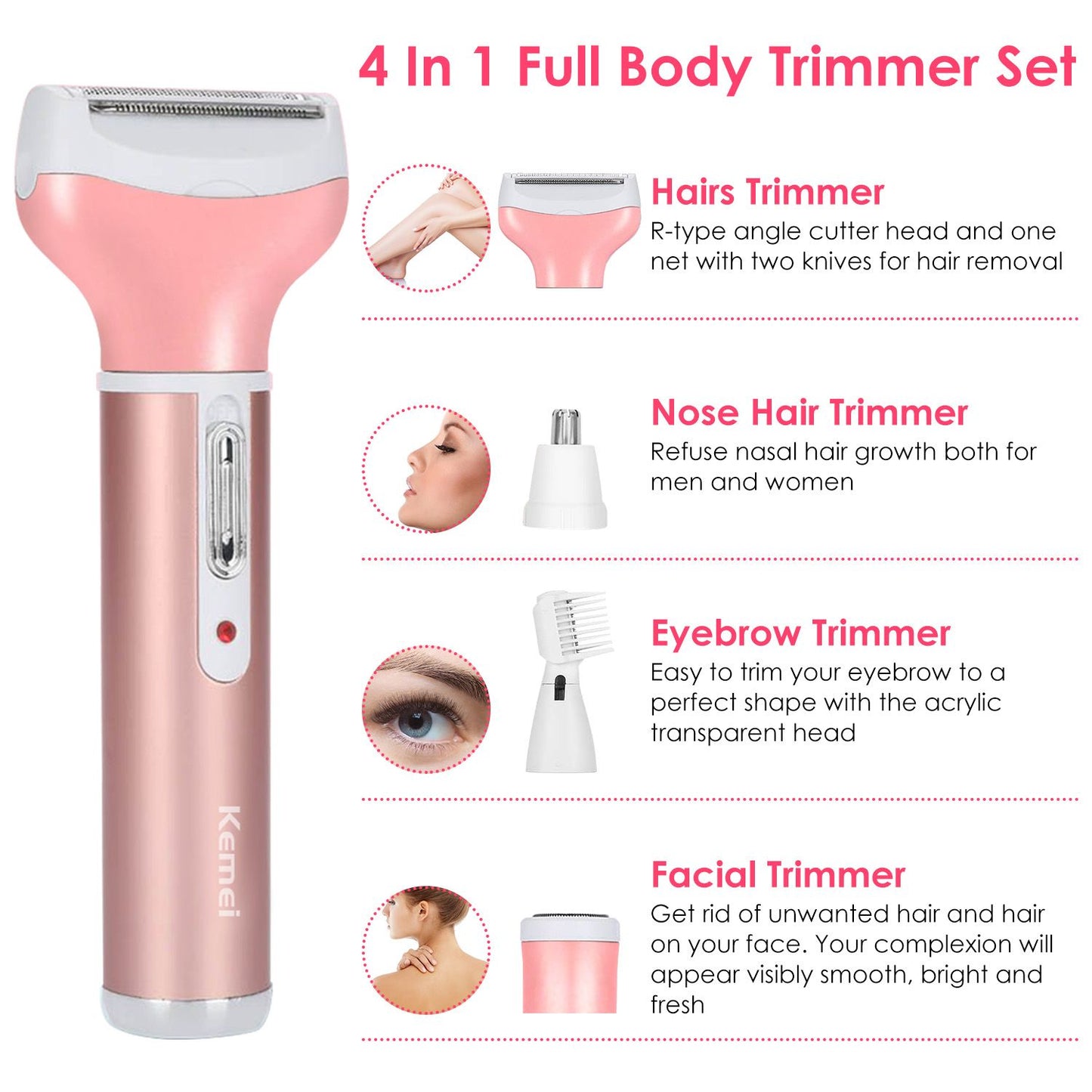 4-in-1 full body trimmer set including hair trimmer, nose hair trimmer, eyebrow trimmer, and facial trimmer in a sleek pink design for easy and effective hair removal on various body parts.