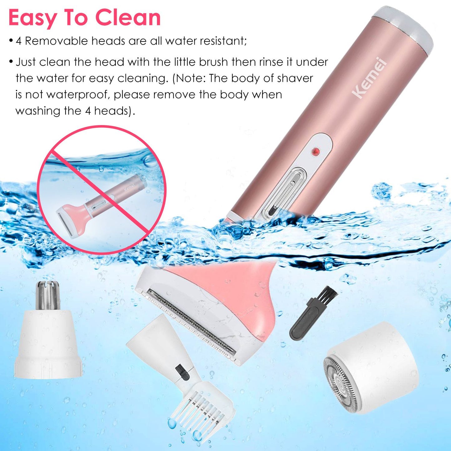Water-resistant electric shaver set with four removable heads for easy cleaning, shown submerged in water with cleaning instructions.