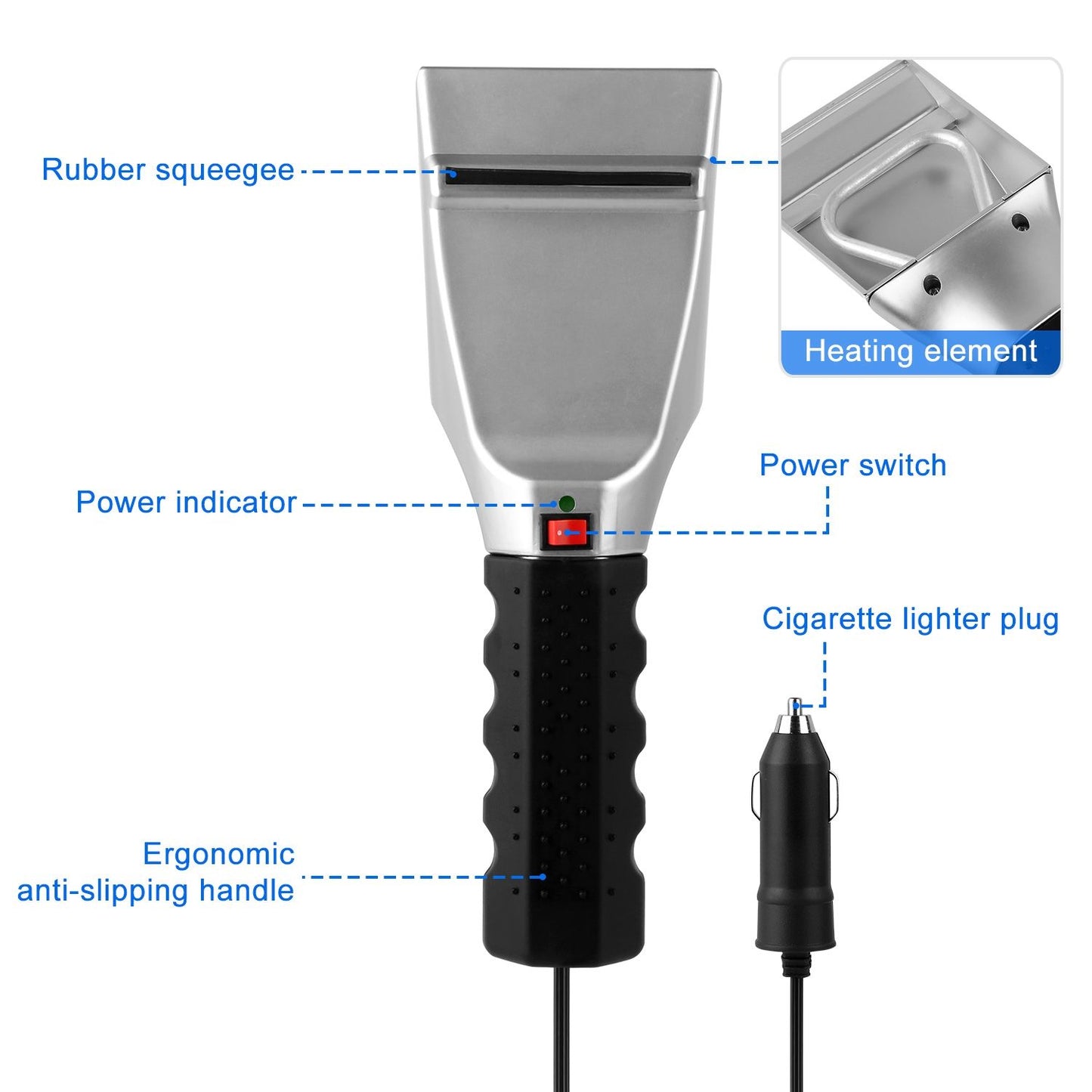 Electric heated windshield scraper with rubber squeegee, ergonomic anti-slip handle, power indicator, and cigarette lighter plug for car use.