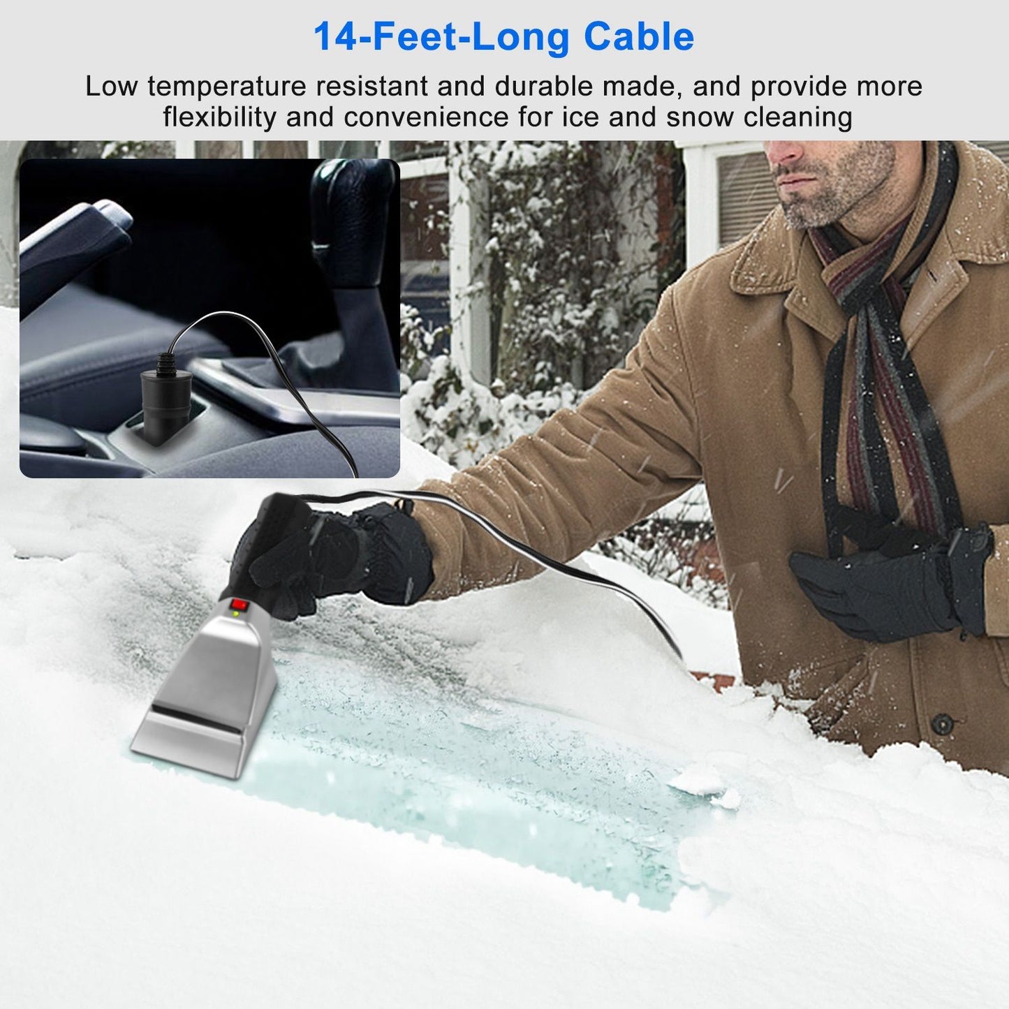 Electric ice scraper with a 14-foot cable, used by a person in winter clothing to remove snow and ice from a vehicle windshield, featuring a low temperature resistant design for easy winter use.