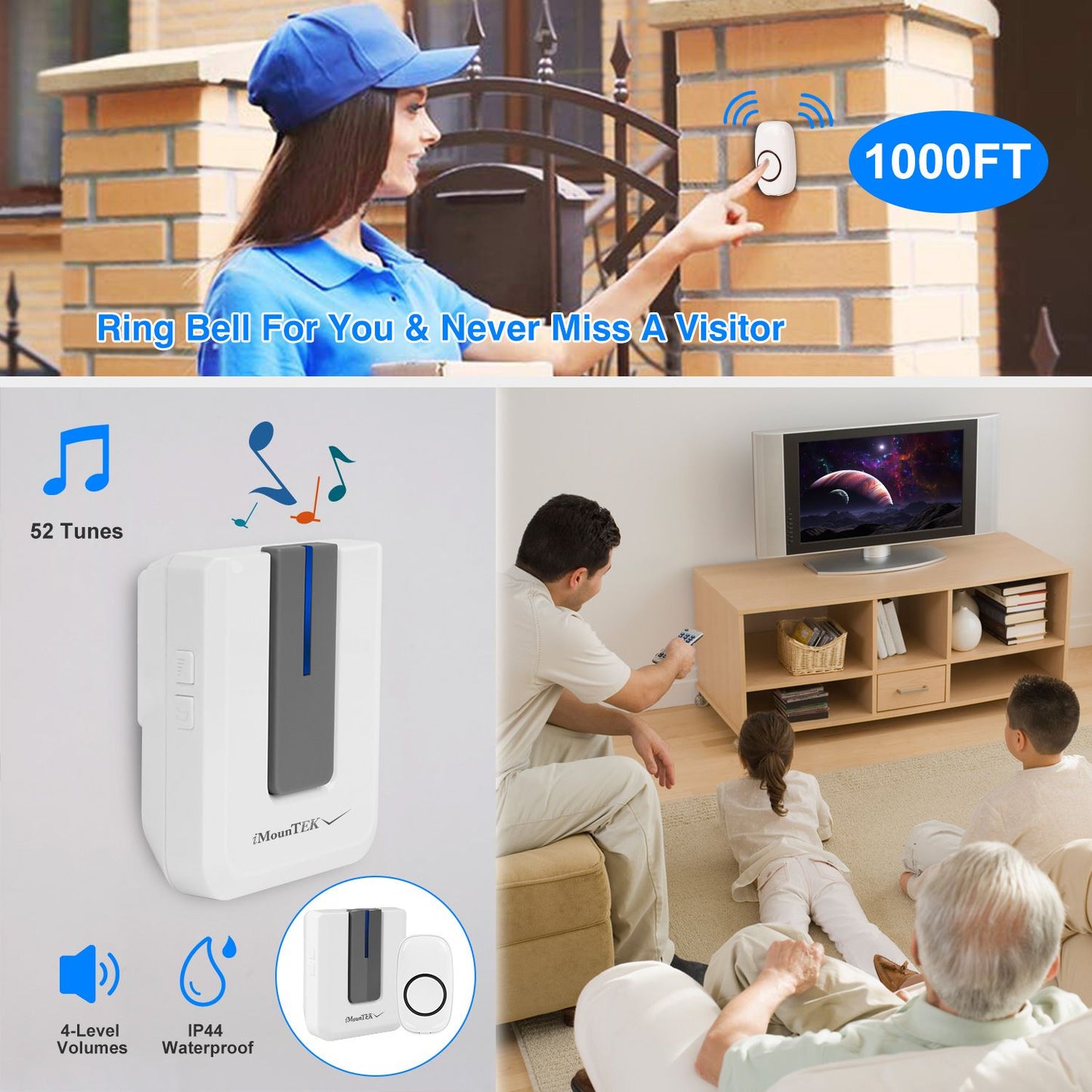 Wireless doorbell system featuring a weatherproof button for outdoor use, with a range of 1000 feet, 52 melody tunes, and four volume levels, shown in a home setting with a family watching TV.