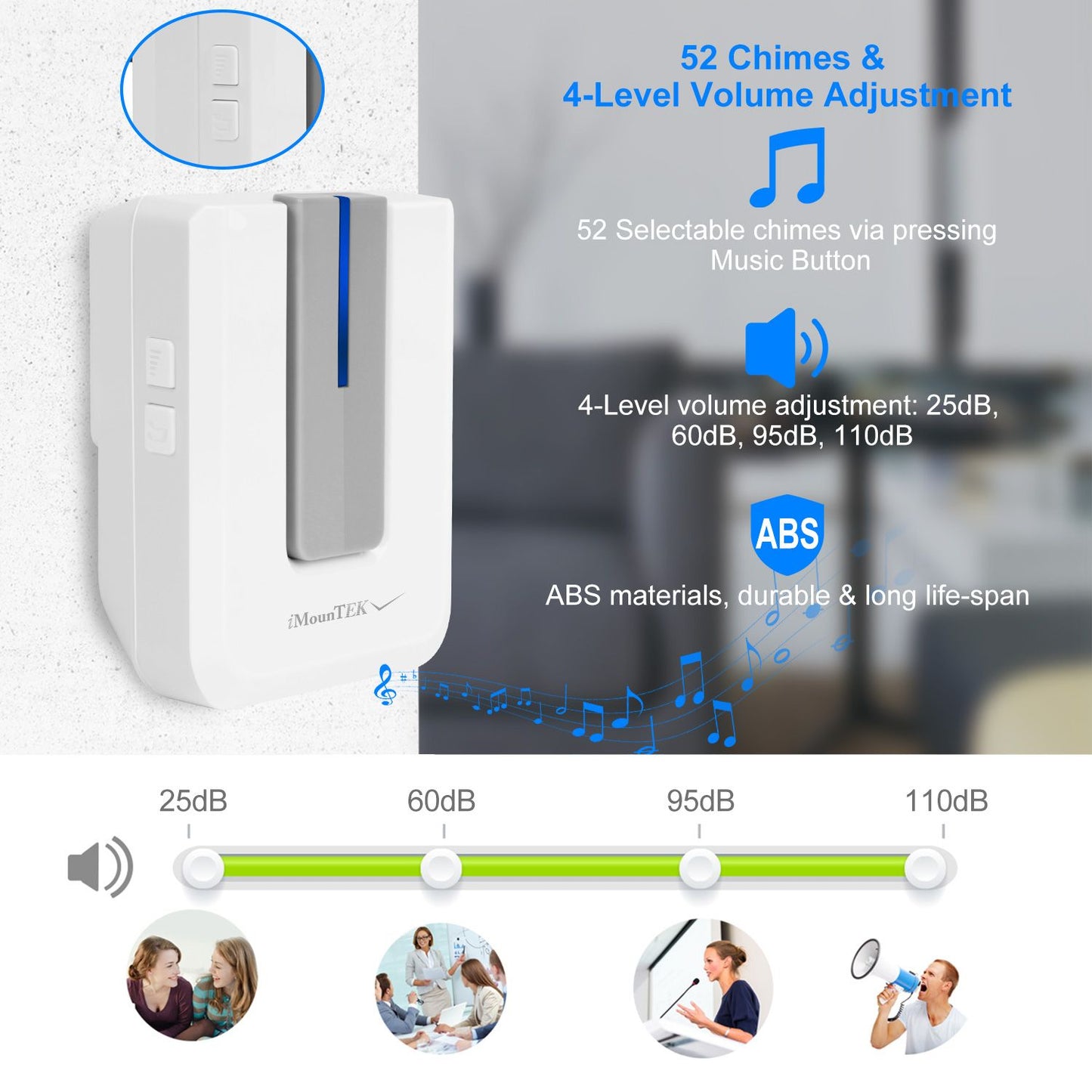 Wireless doorbell with 52 selectable chimes, 4-level volume adjustment from 25dB to 110dB, and made of durable ABS material for long-lasting use.