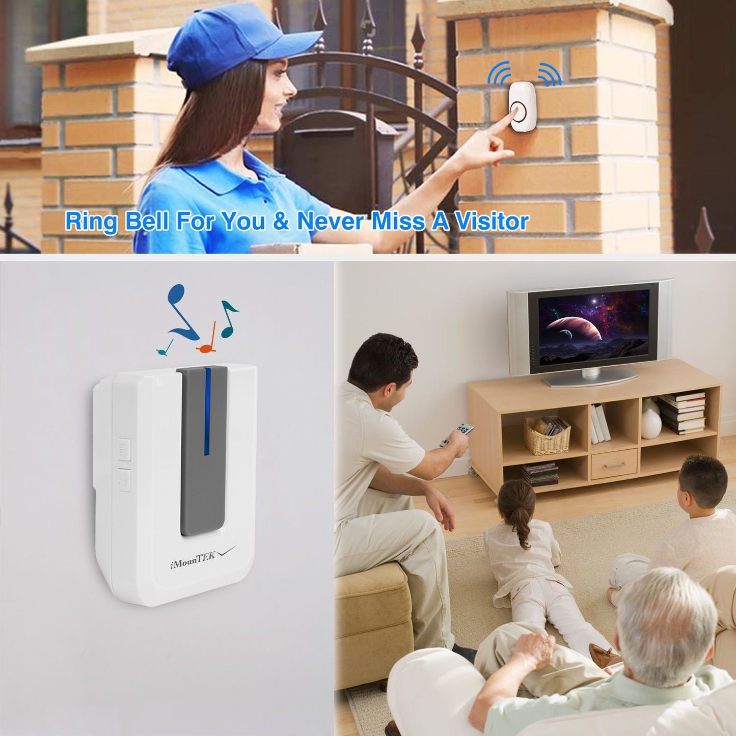 Wireless doorbell system with a user pressing the button at the entrance, featuring a remote chime unit displayed in a living room with family watching TV.