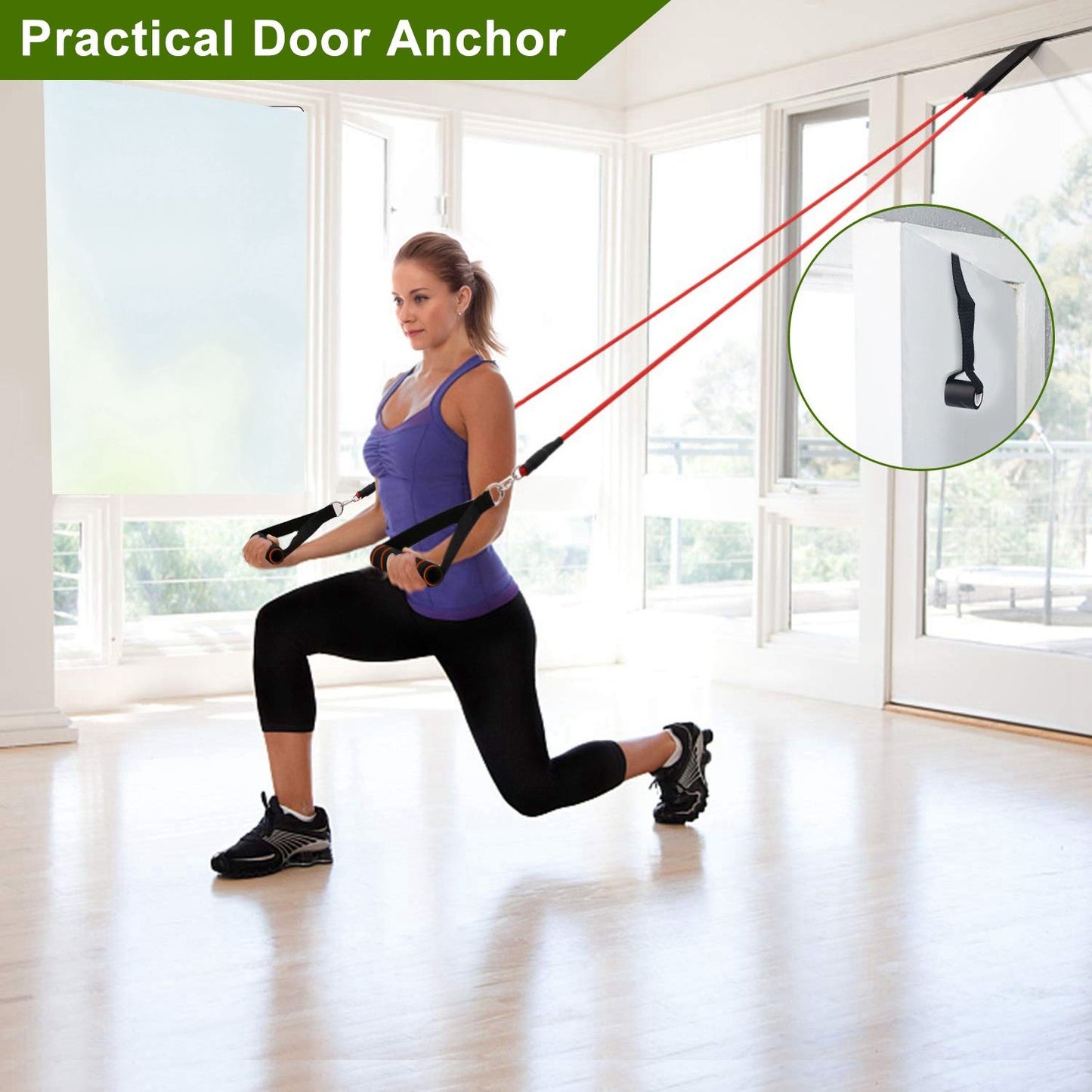 Woman performing a lunge exercise using resistance bands attached to a practical door anchor in a bright home environment.