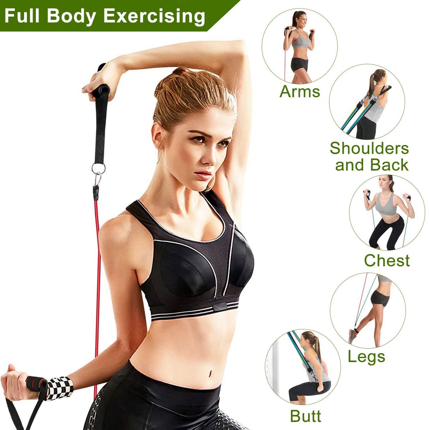 Woman exercising with resistance bands, demonstrating full body workout targeting arms, shoulders, back, chest, legs, and butt, wearing a black sports bra and leggings.