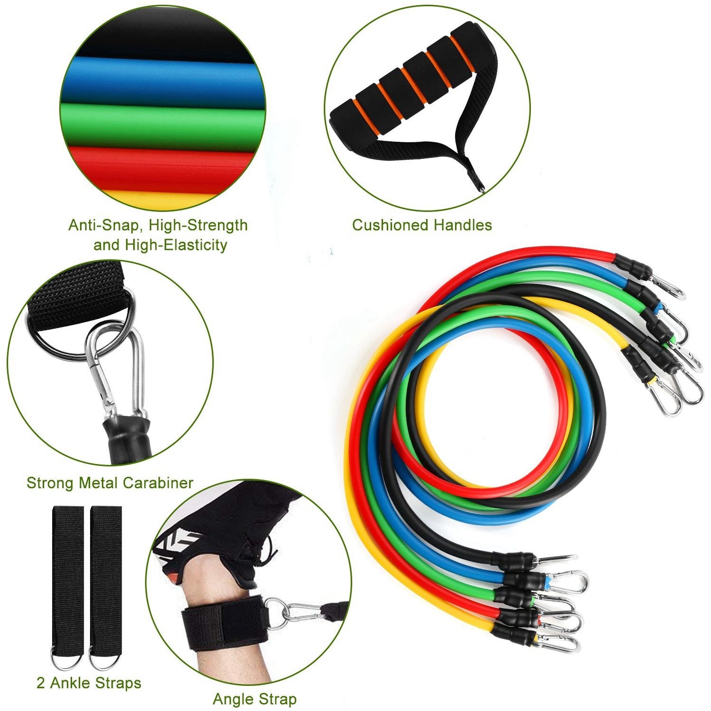 Set of 5 resistance bands with cushioned handles, strong metal carabiner, ankle straps, and an angle strap, showcasing vibrant colors to enhance home workouts.