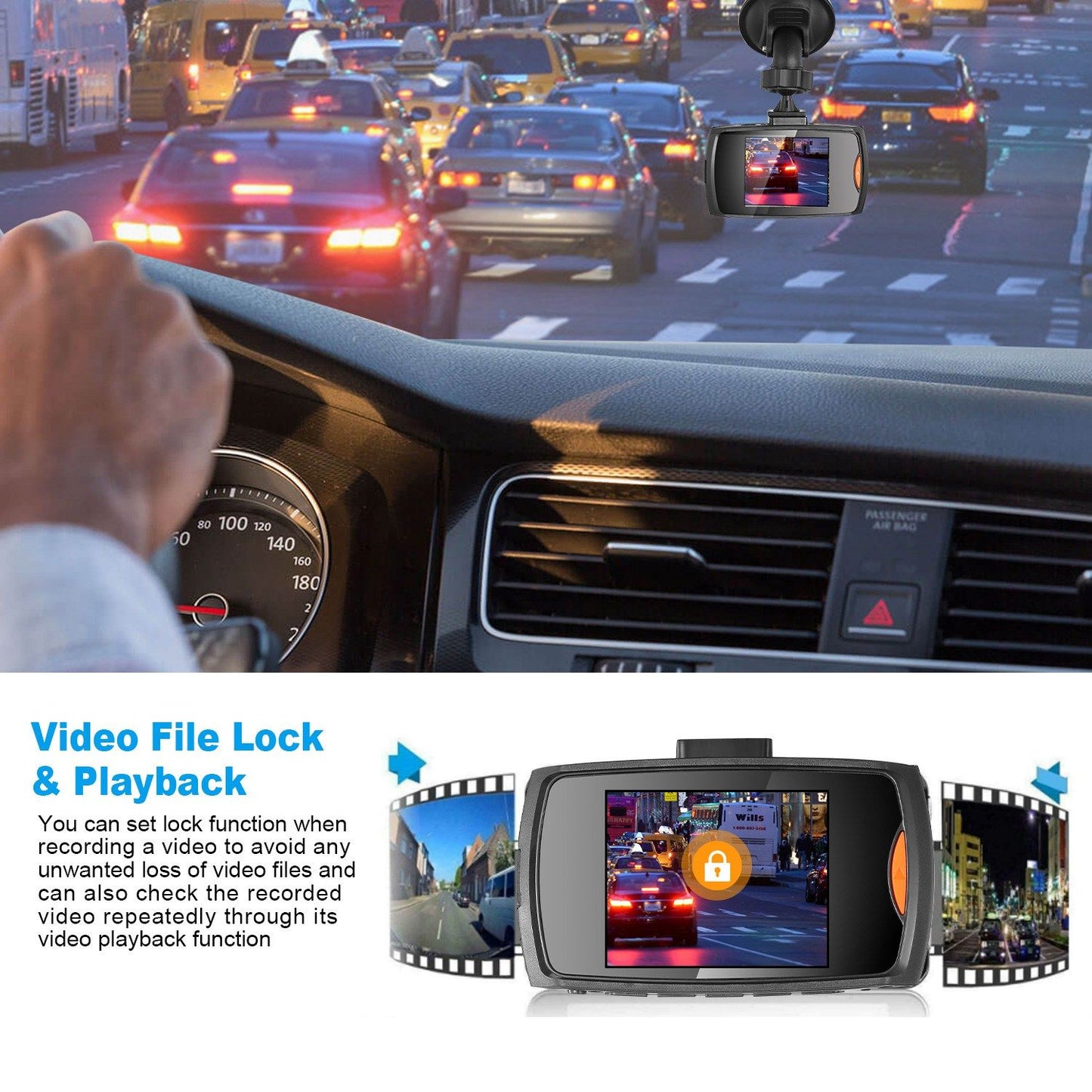 Dashboard camera with video file lock and playback feature, featuring a clear display showing traffic in a busy urban setting, designed for enhanced safety and recording during drives.
