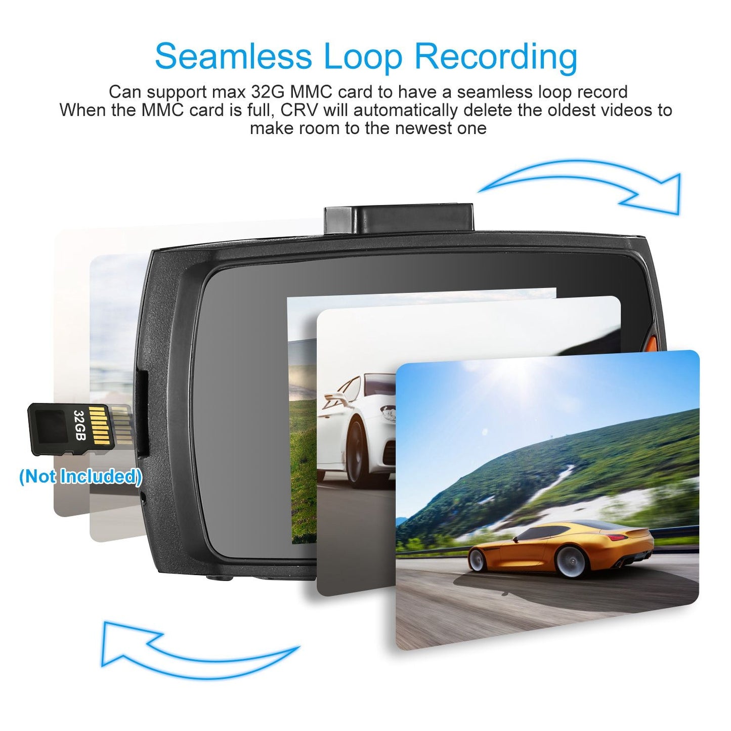 Product image of a car dash cam displaying seamless loop recording feature, showing a memory card slot and multiple overlapping image previews of scenic drives, with a focus on effective video storage management.