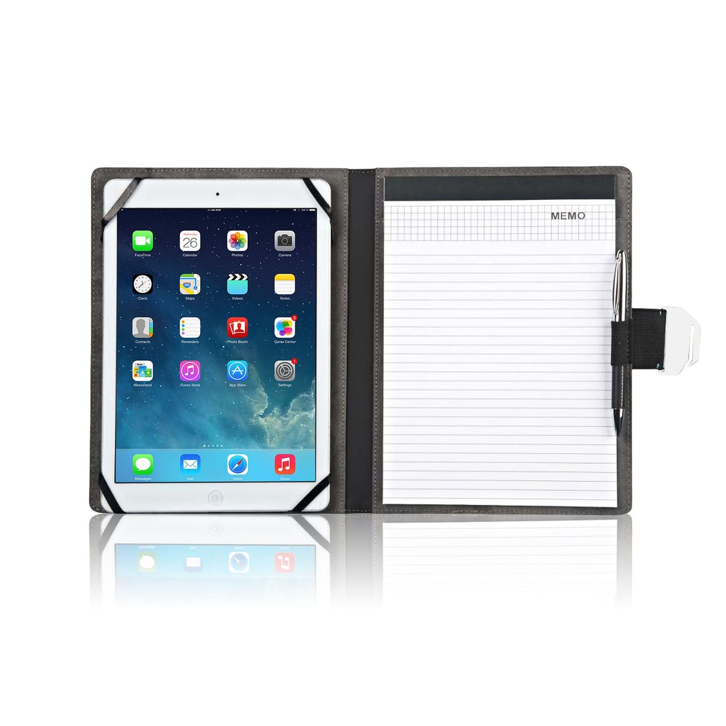 Tablet case with notepad and pen holder showcasing an iPad inserted, designed for secure note-taking and digital convenience.