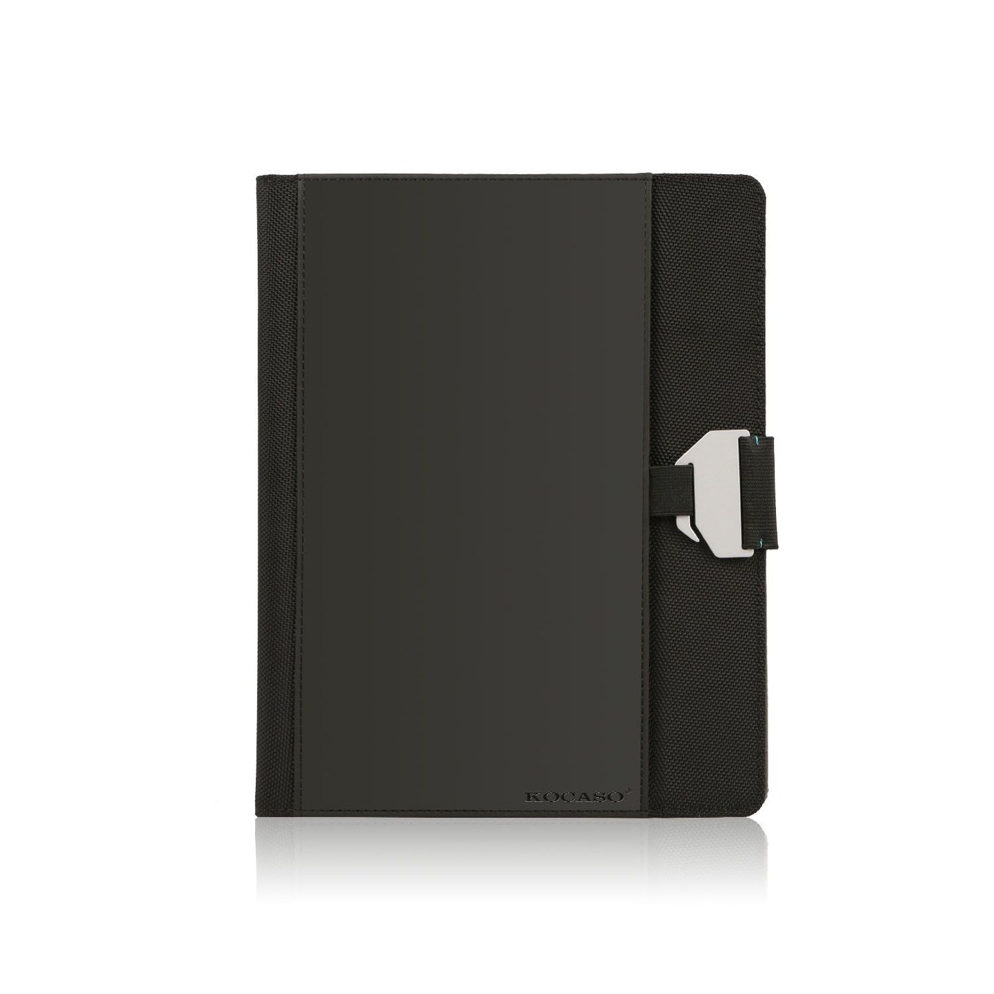 Sleek black business notebook with textured fabric cover, magnetic closure, and embossed branding, ideal for professionals and students.