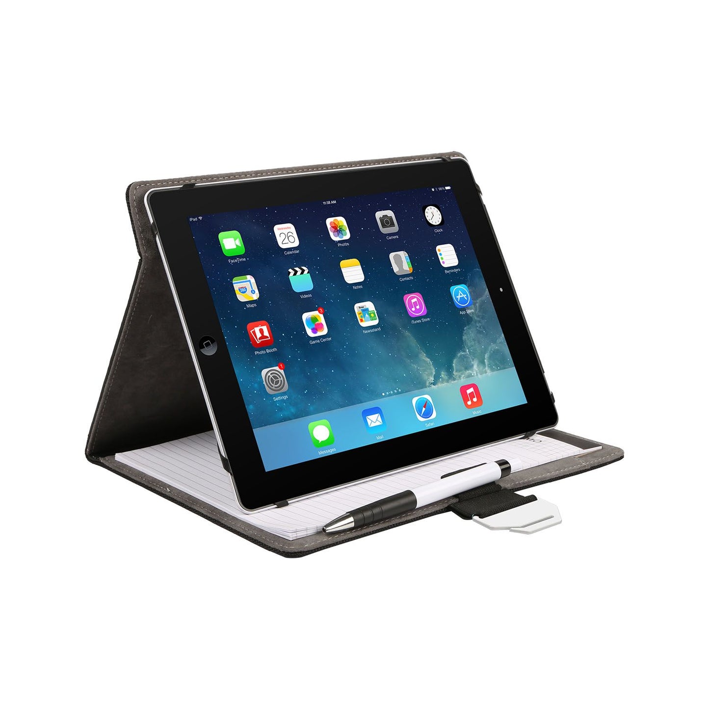 Black tablet case with built-in notepad and pen, showcasing an iPad displaying various apps.