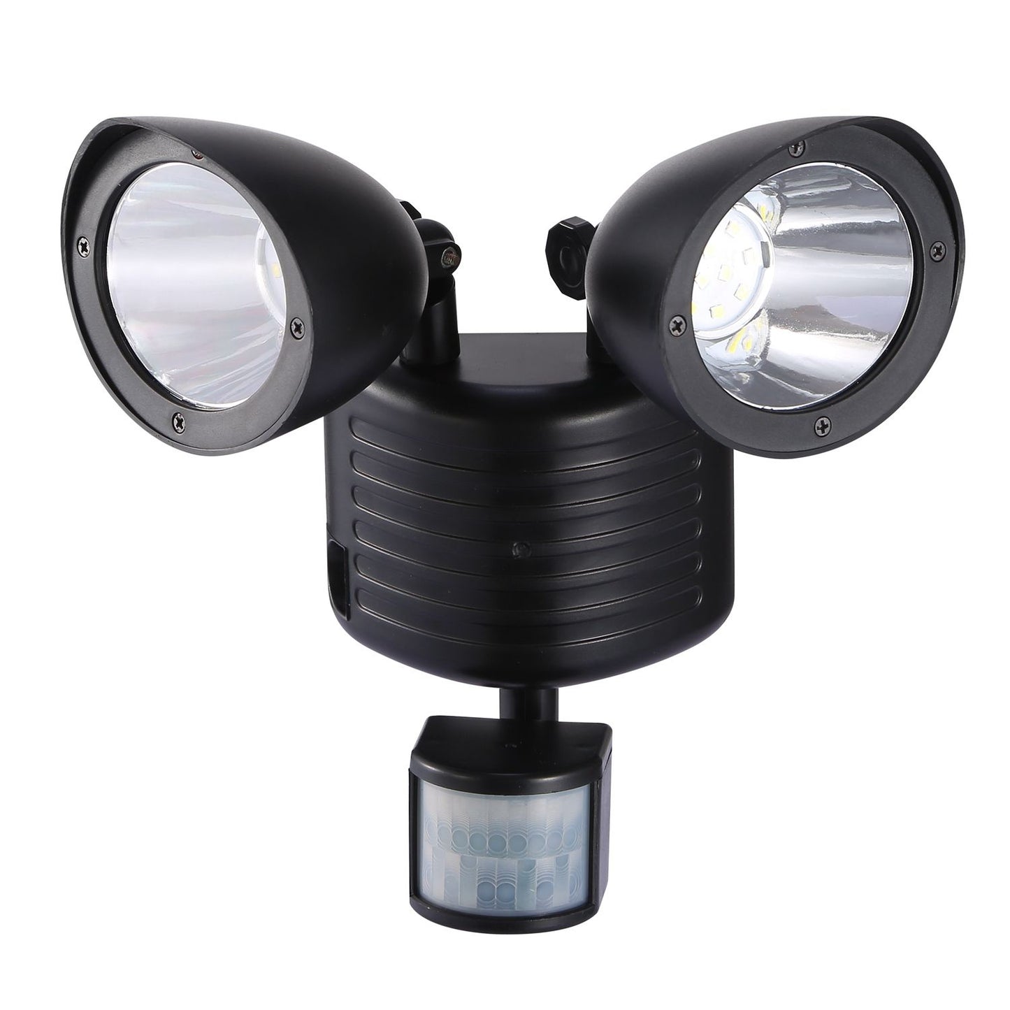 LED security flood light with dual adjustable heads and motion sensor, designed for outdoor home lighting.