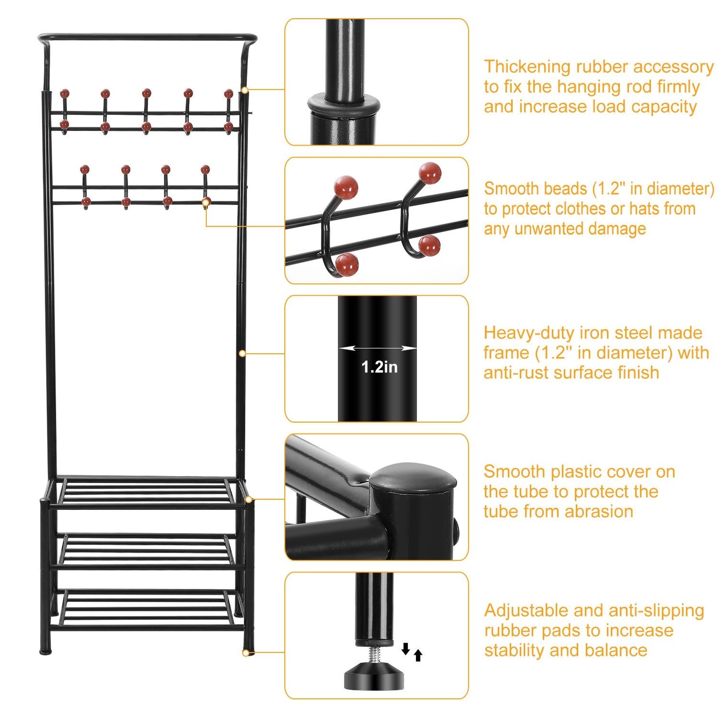 Heavy-duty black coat rack with multiple hooks, anti-slip rubber pads, and a sturdy iron frame featuring smooth detailing and rust resistance, ideal for organizing clothing and accessories.