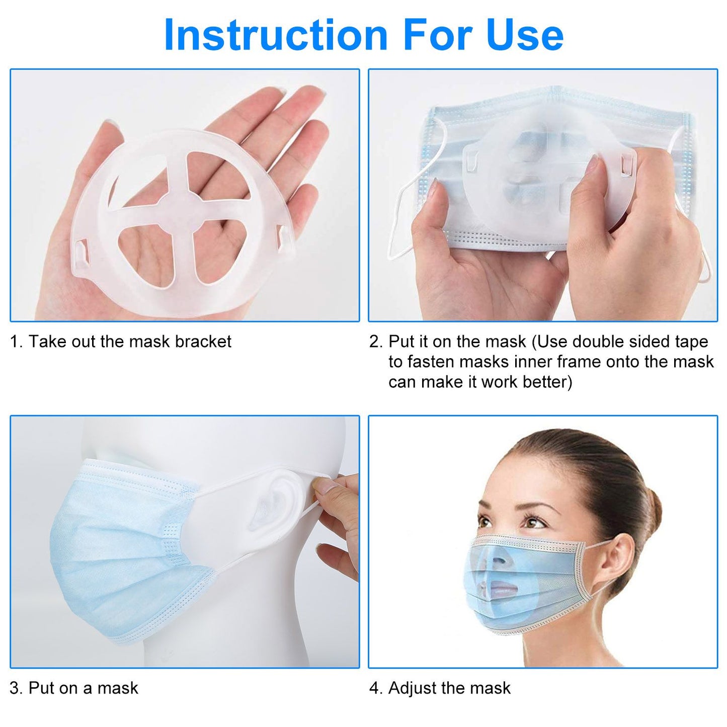 Clear silicone mask bracket installation guide with instructional steps for proper use on a disposable mask, demonstrating placement and adjustment on a face model.