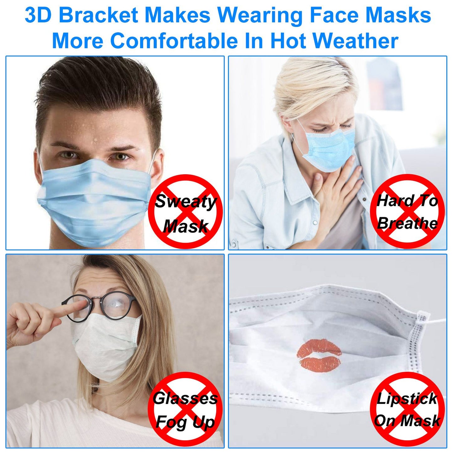 3D mask bracket product image demonstrating comfort benefits such as reduced sweating, easier breathing, anti-fogging for glasses, and preventing lipstick smudges.